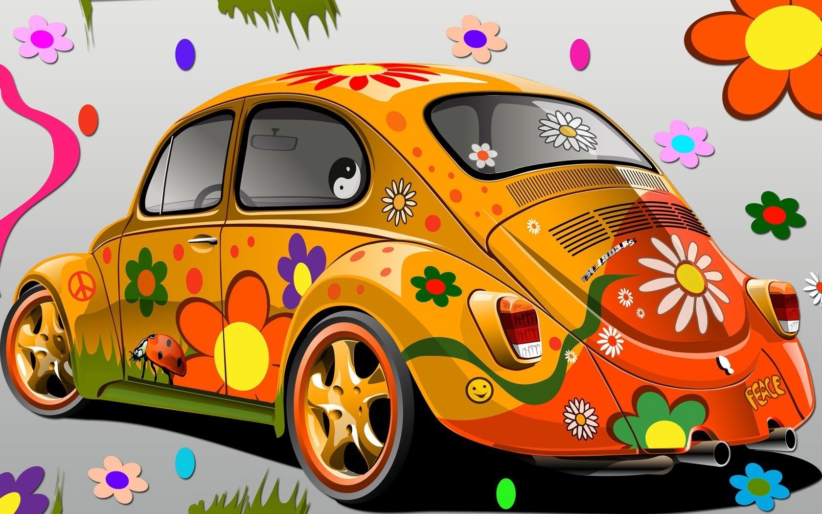 Background with a small car painted with bright colors, drawings of spring and summer