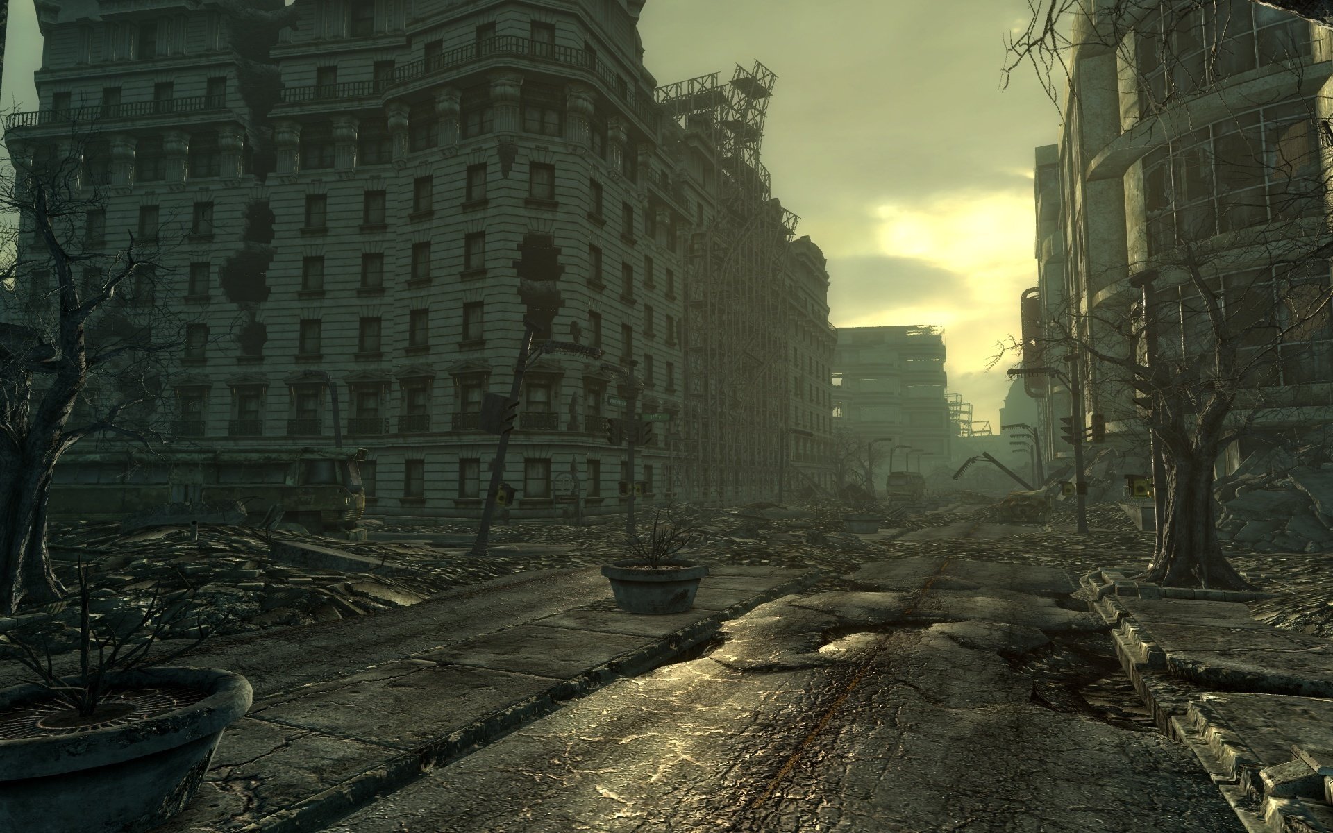 A deserted city in destruction and a sunny haze