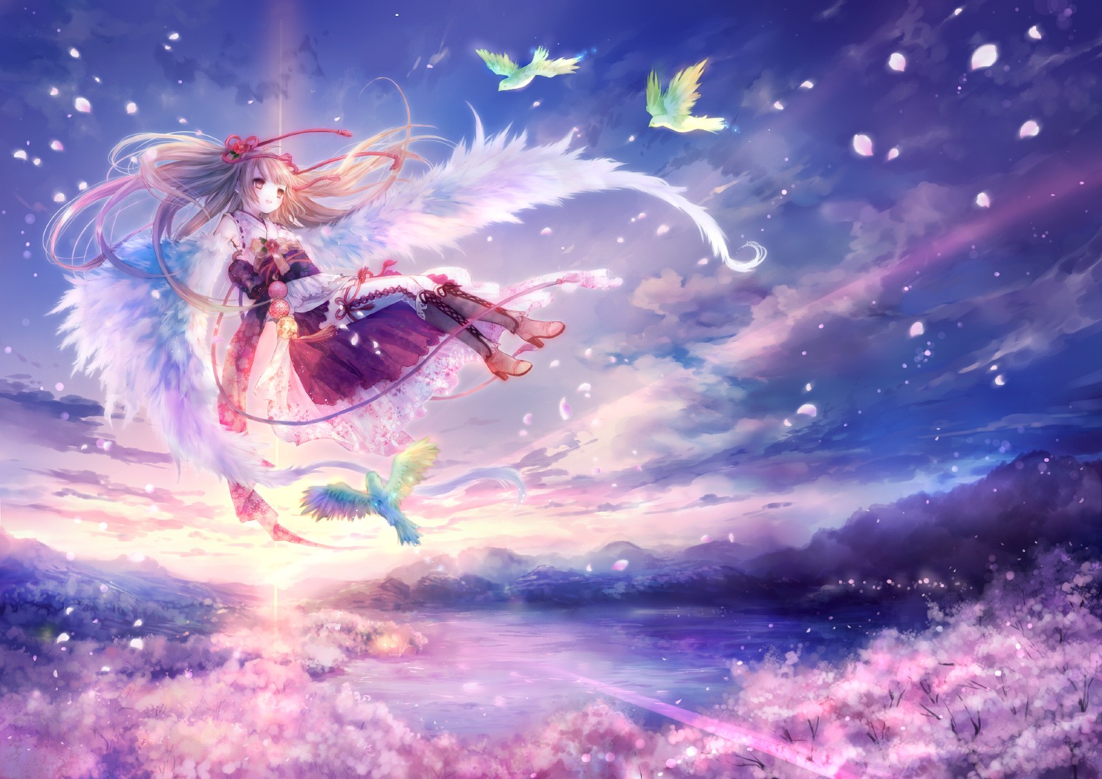 wings angel anime sakura birds