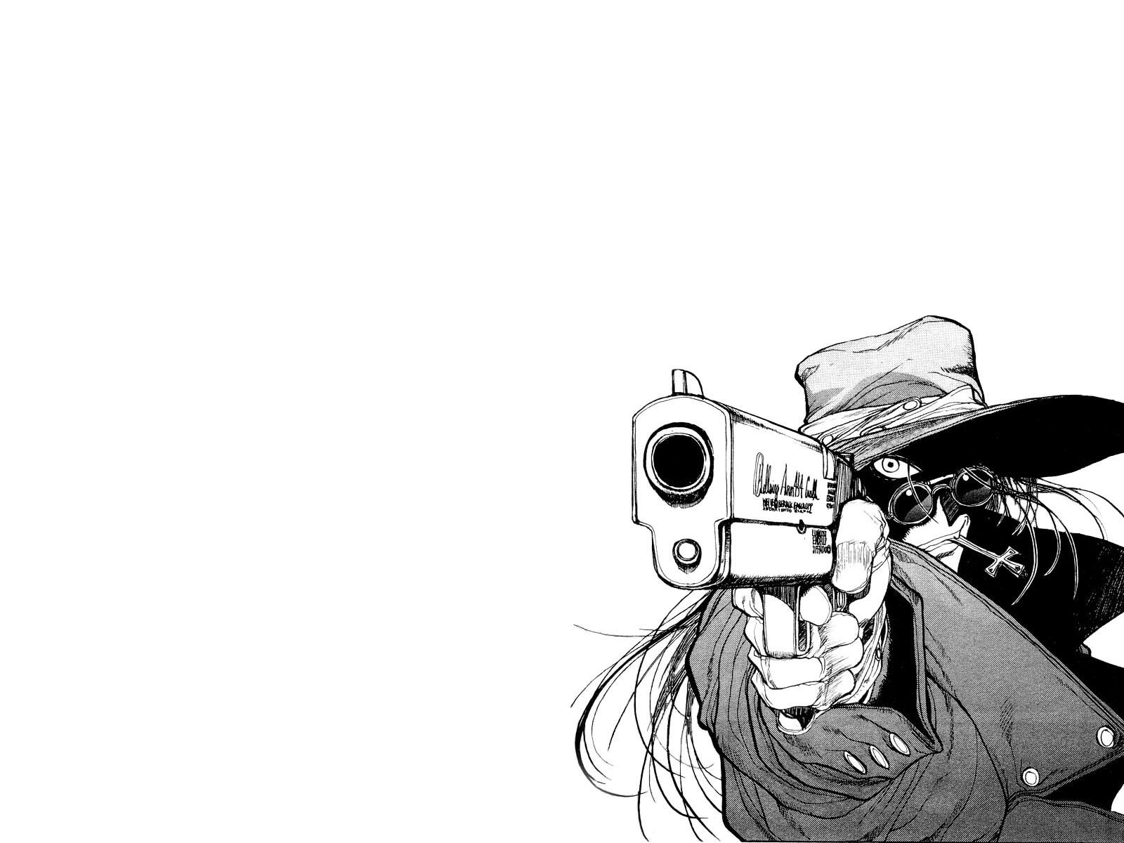 manga hellsing alucard vampire weapon gun cross black and white