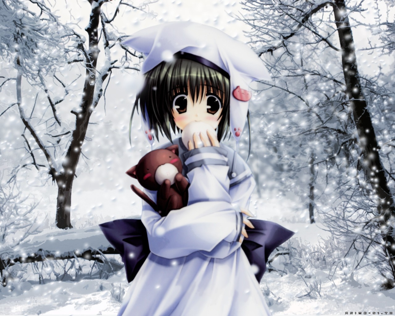 anime girl snow kitten