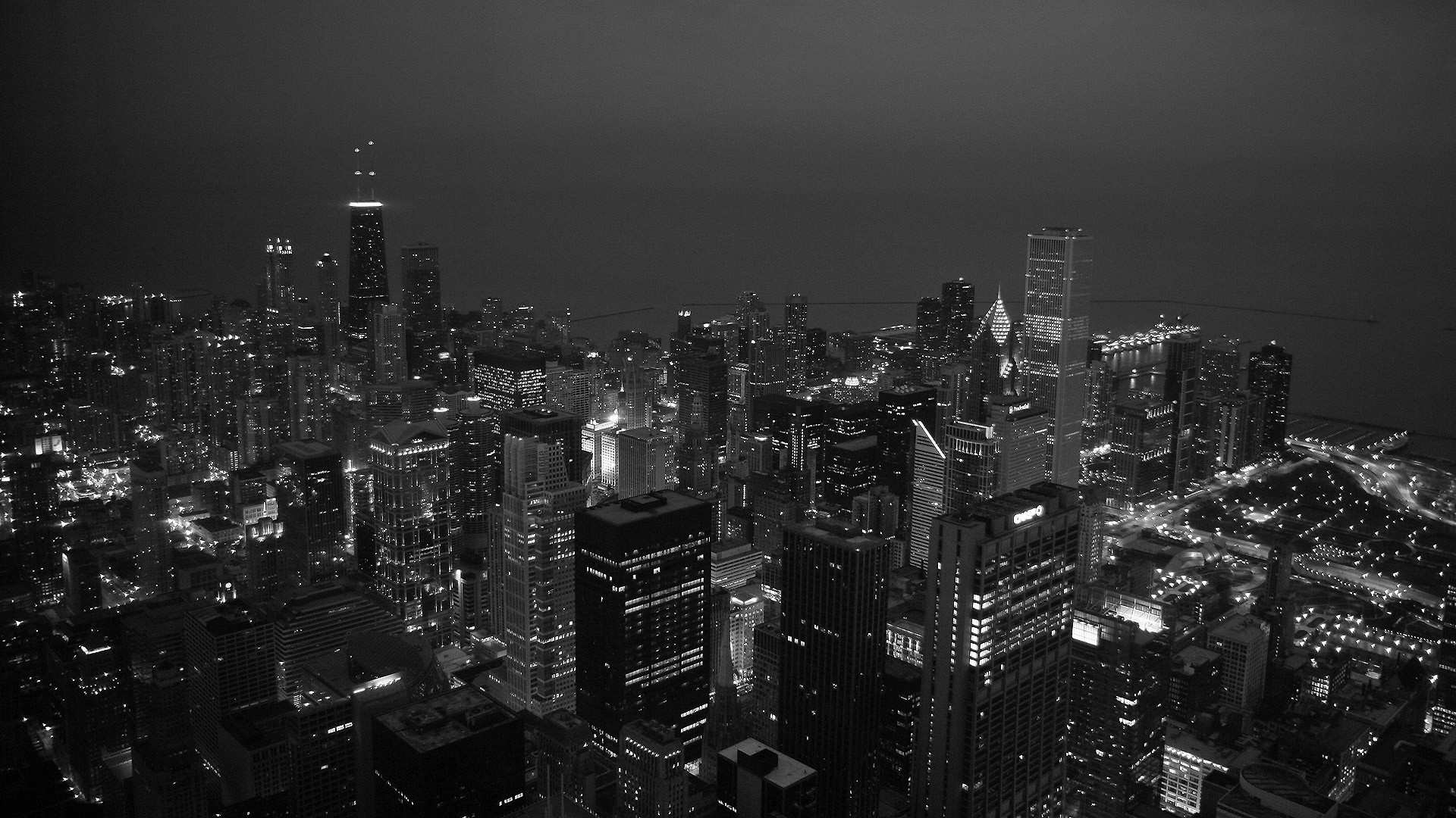 black and white chicago night