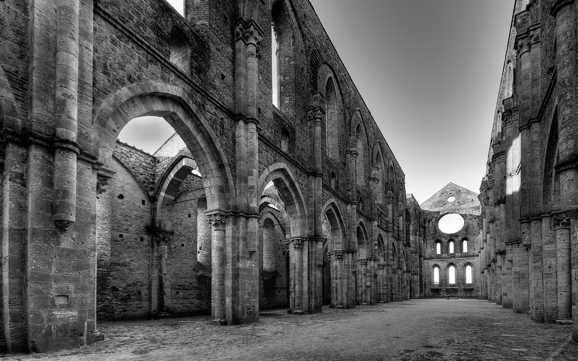 ruins black and white church