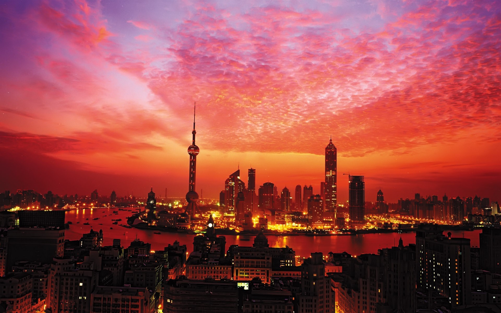 skyscraper shanghai tower sunset lights