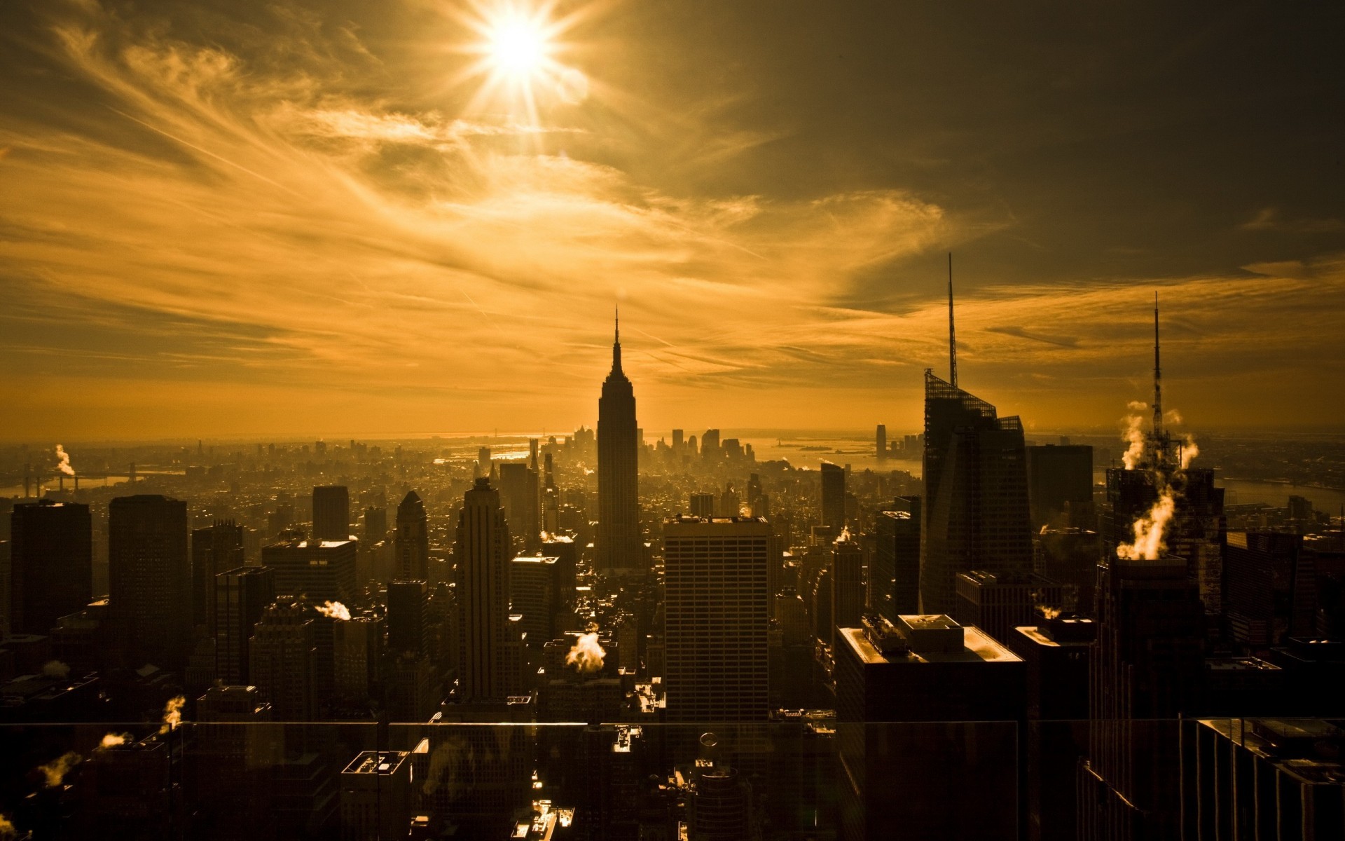 new york skyscraper sun sepia
