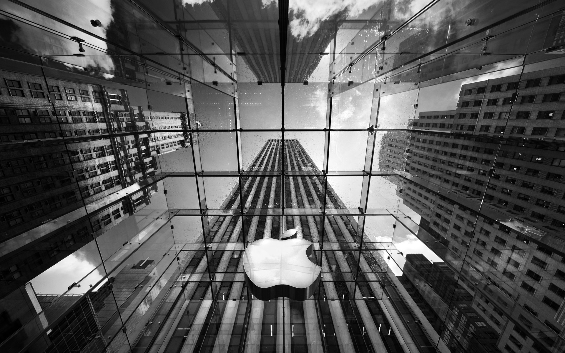 apple logo skyscraper black and white