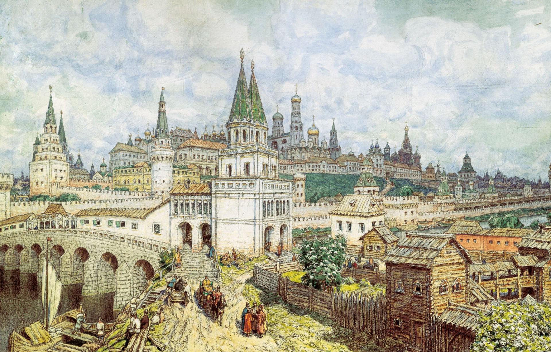 flowering of the kremlin all saints bridge and the kremlin coal watercolor pencil pictures