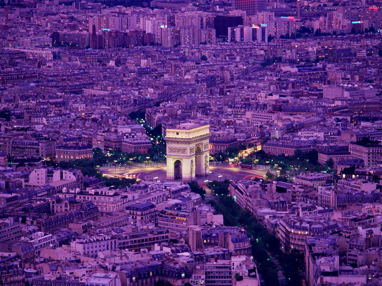 paris france triumphal arch purple lights