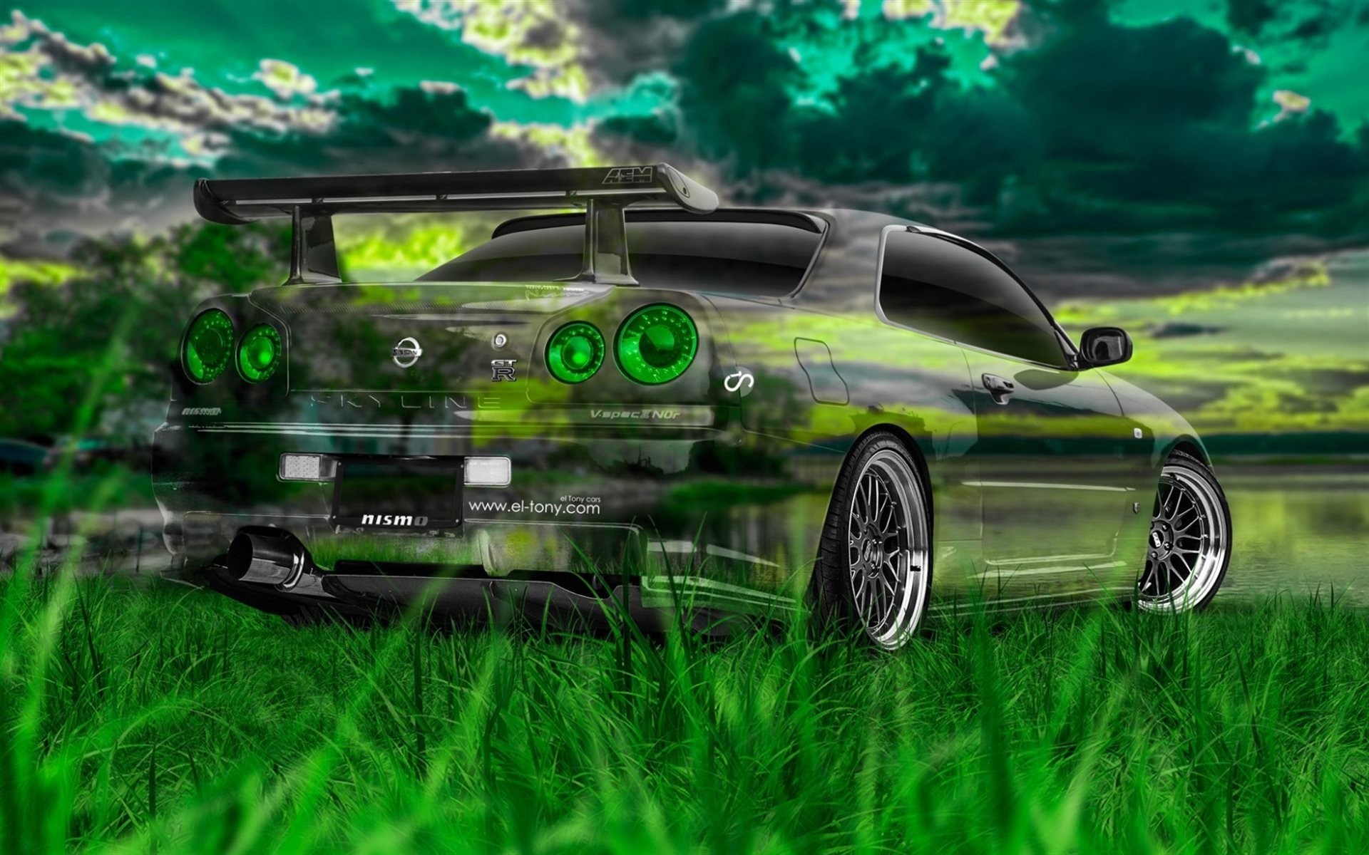 HD wallpaper nissan r34 nature outlines tony cohan grass crystal