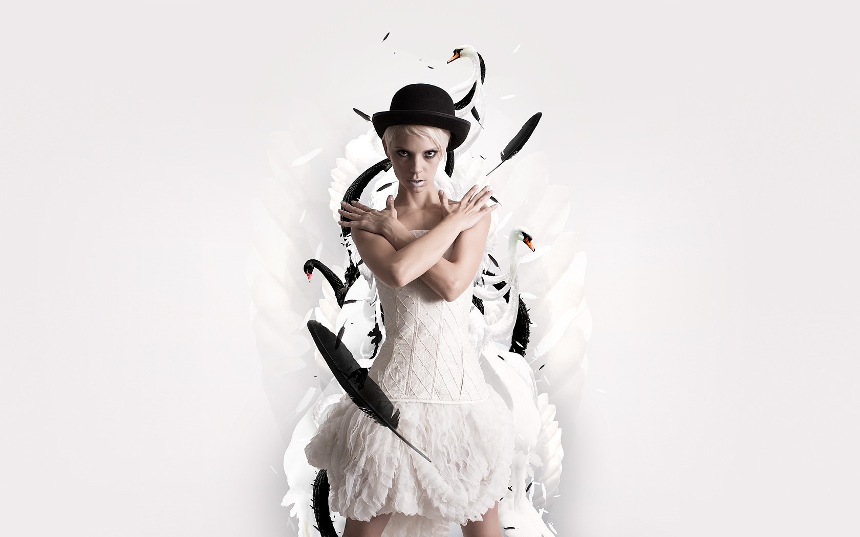 white hat feathers dress