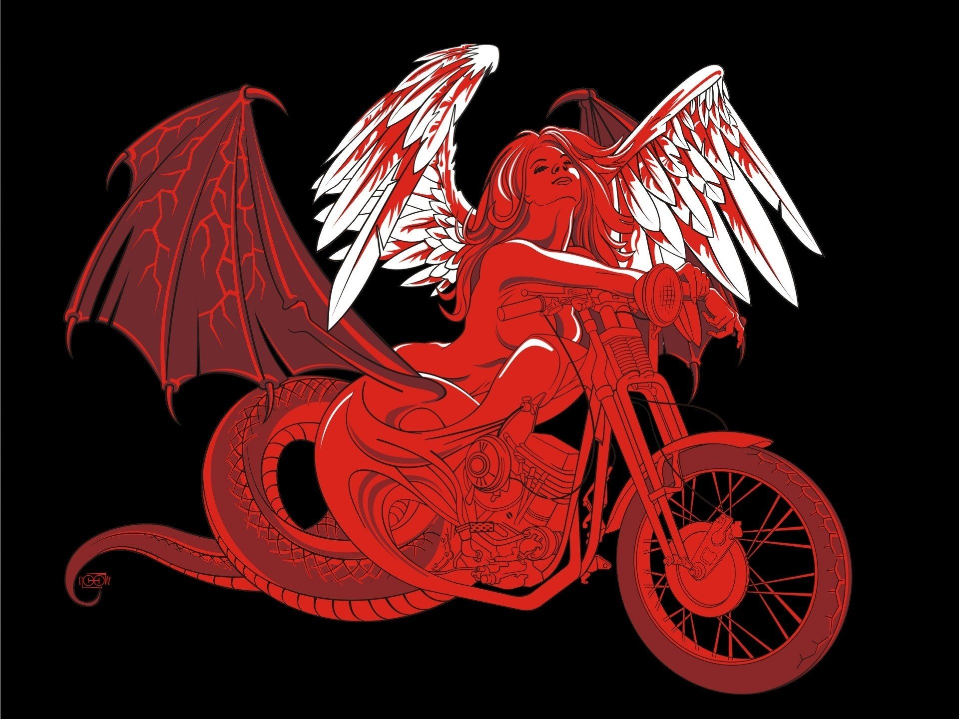 Art dragon or angel on a motorcycle
