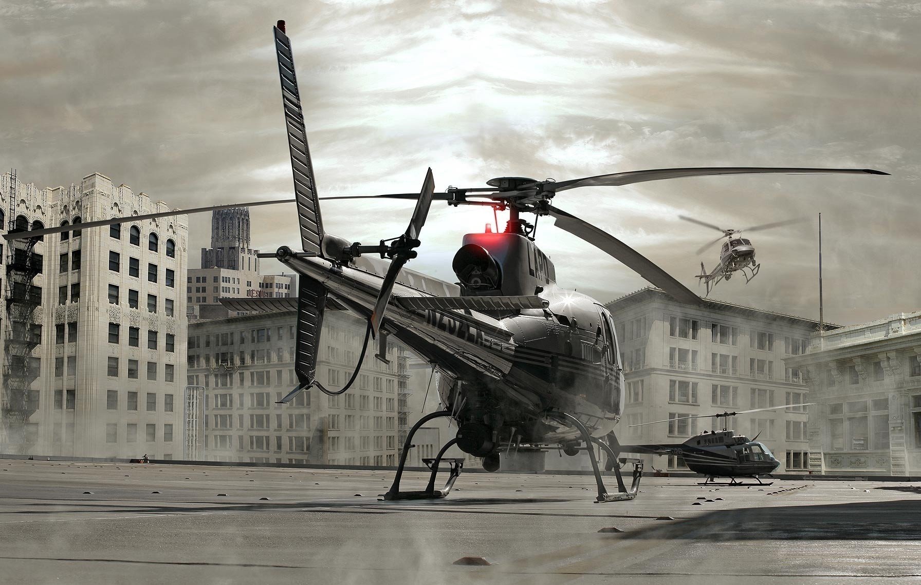 Helicopters in the center of an empty city