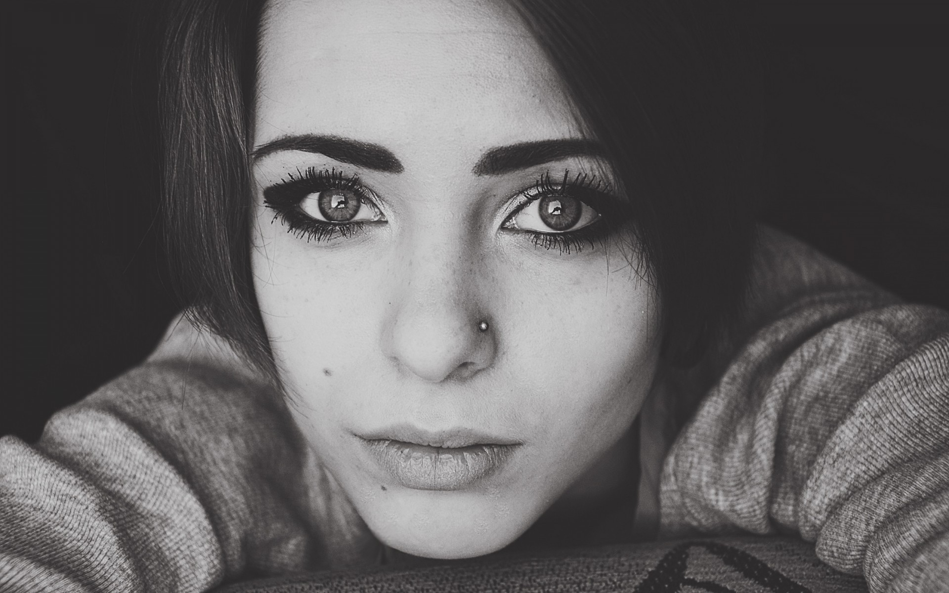 piercing views girl face black and white