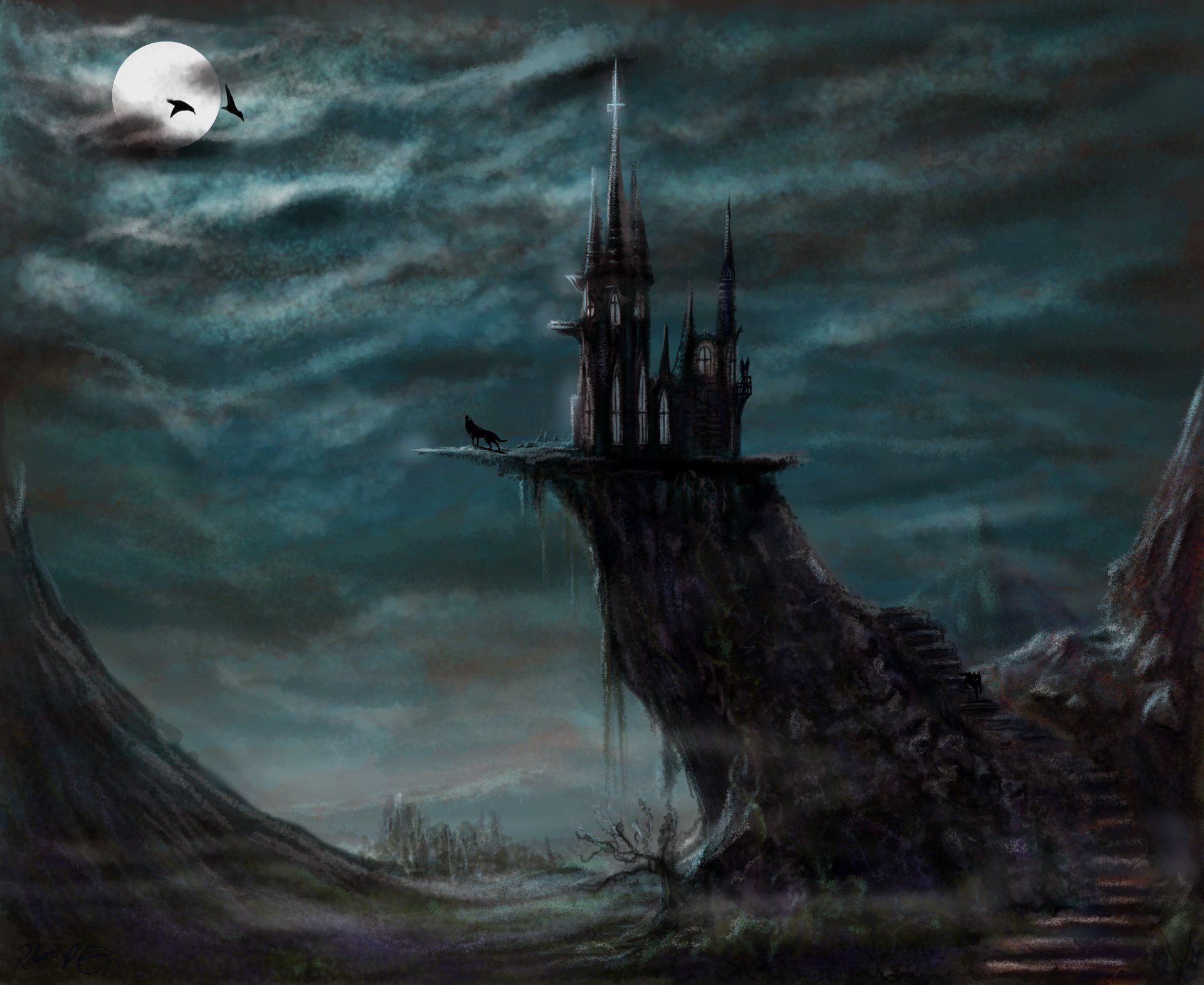 Dark castle on a rock under the moon