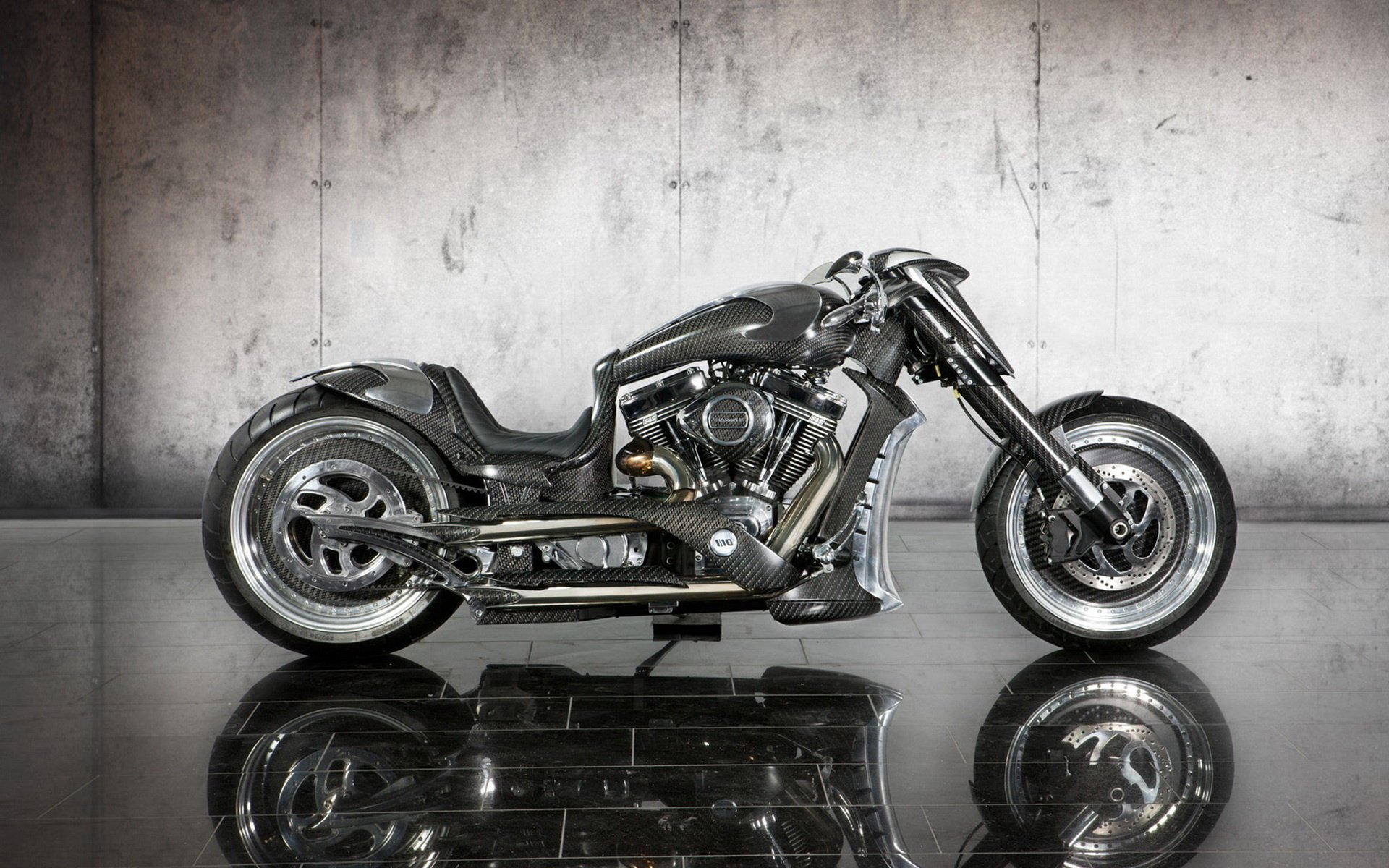 Beautiful motorcycle on a mirrored floor