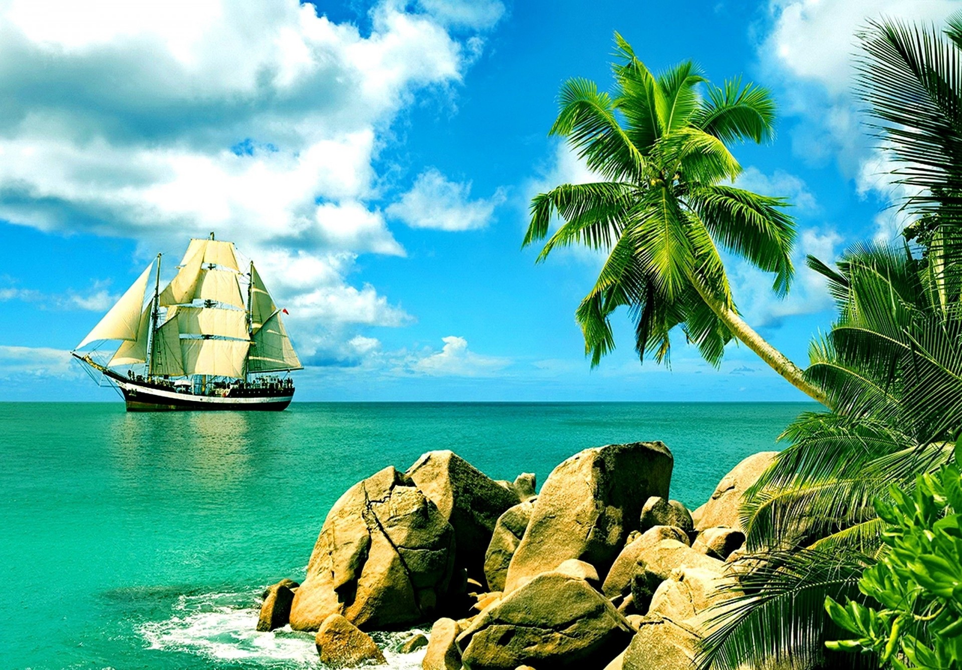stones beach palm nature ship tropics summer sports sky clouds sailboats beautiful paradise