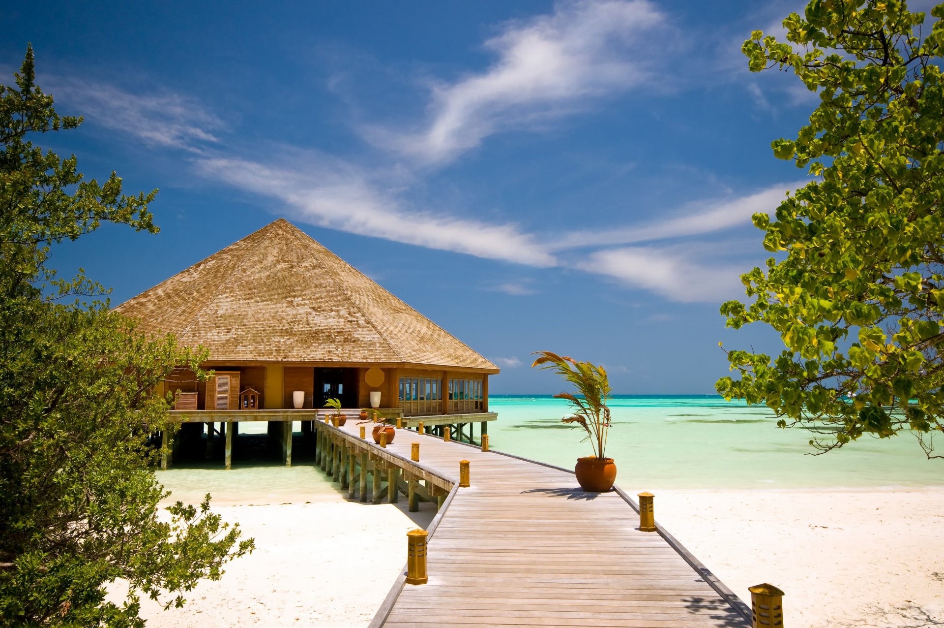 HD wallpaper sunshine seaside resort exotic bungalow ocean blue beach ...