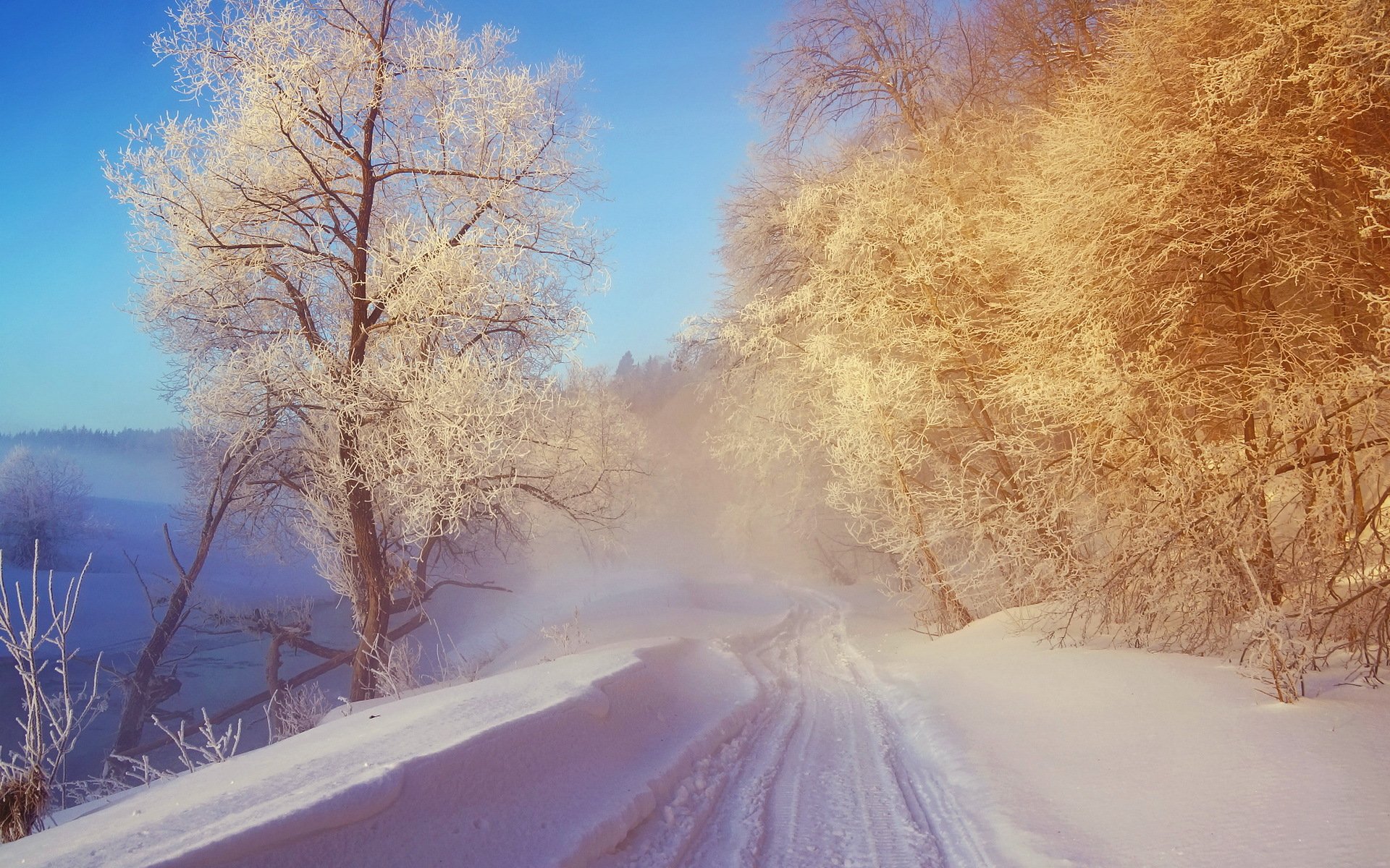 Зимнее утро дорога. Зимний пейзаж. Светлая зима. Красивые зимние пейзажи природы. Заснеженная дорога.