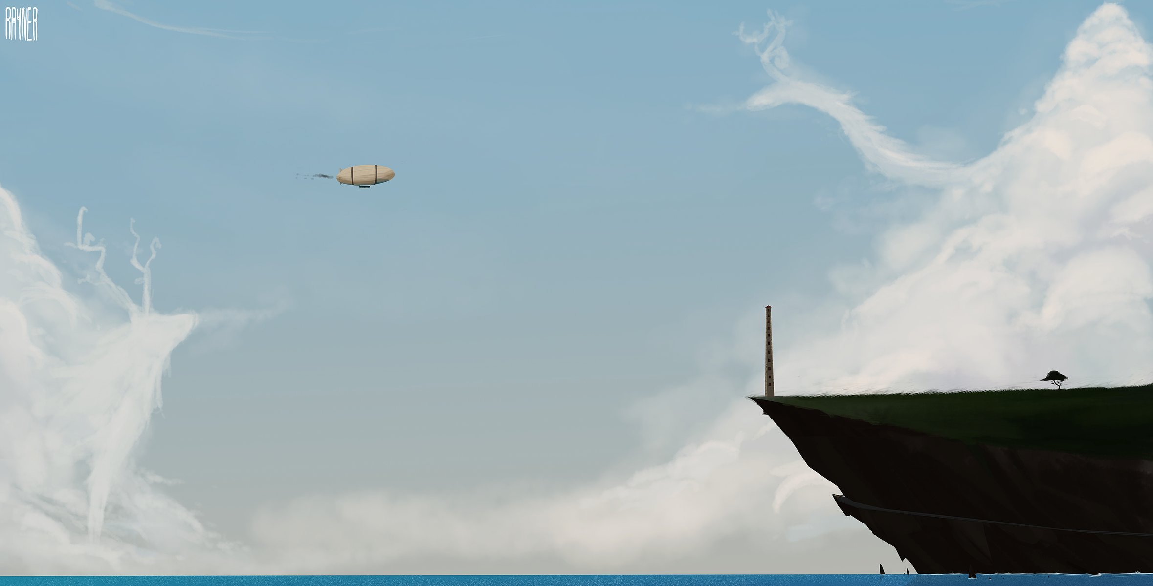 art airship sky clouds sea water island tree monument