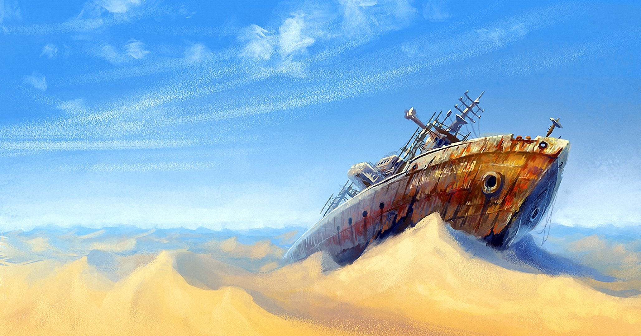 HD wallpaper art desert sand ship clouds