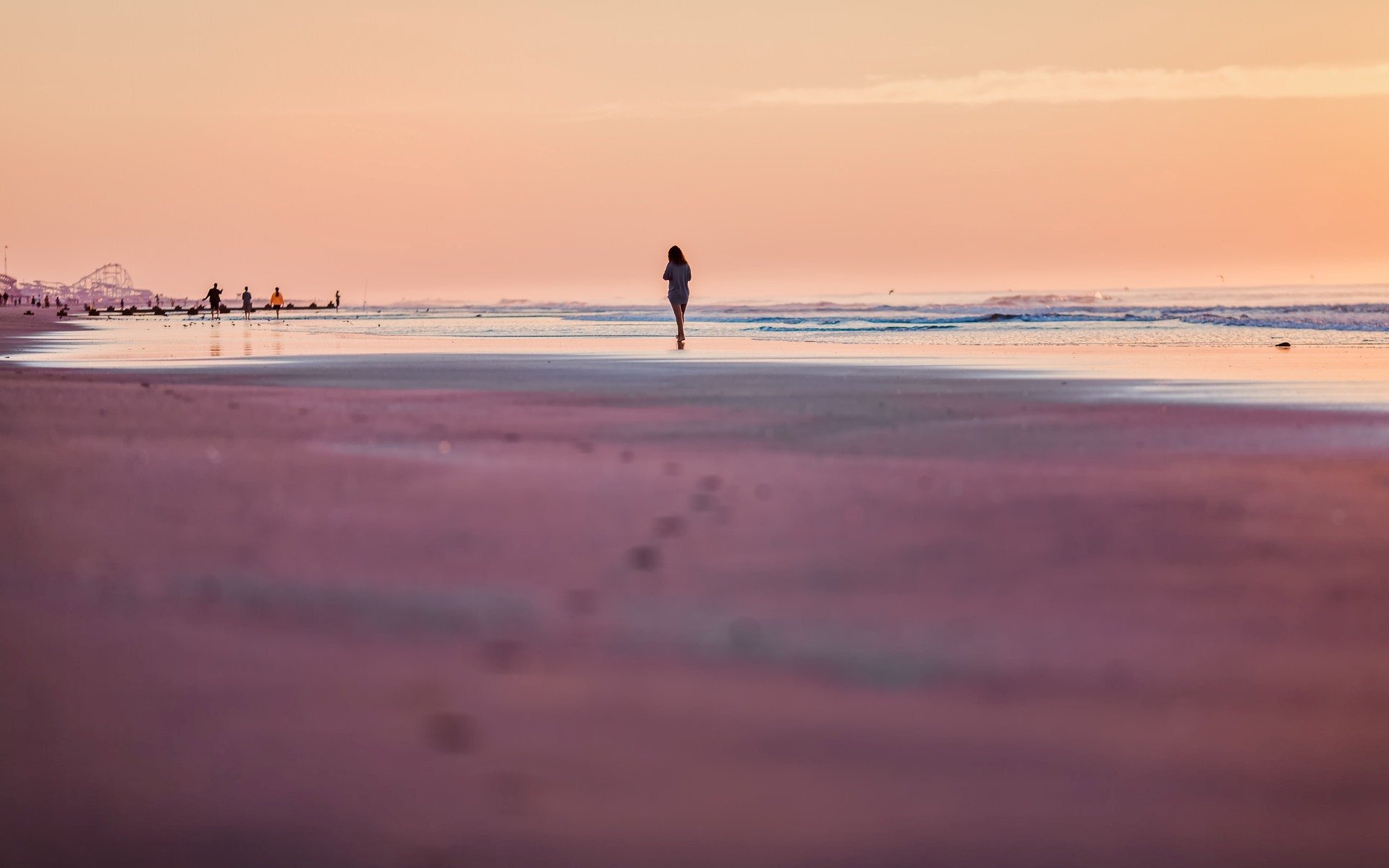 mood summer beach sand sea people wave girl silhouette romance night sports sky
