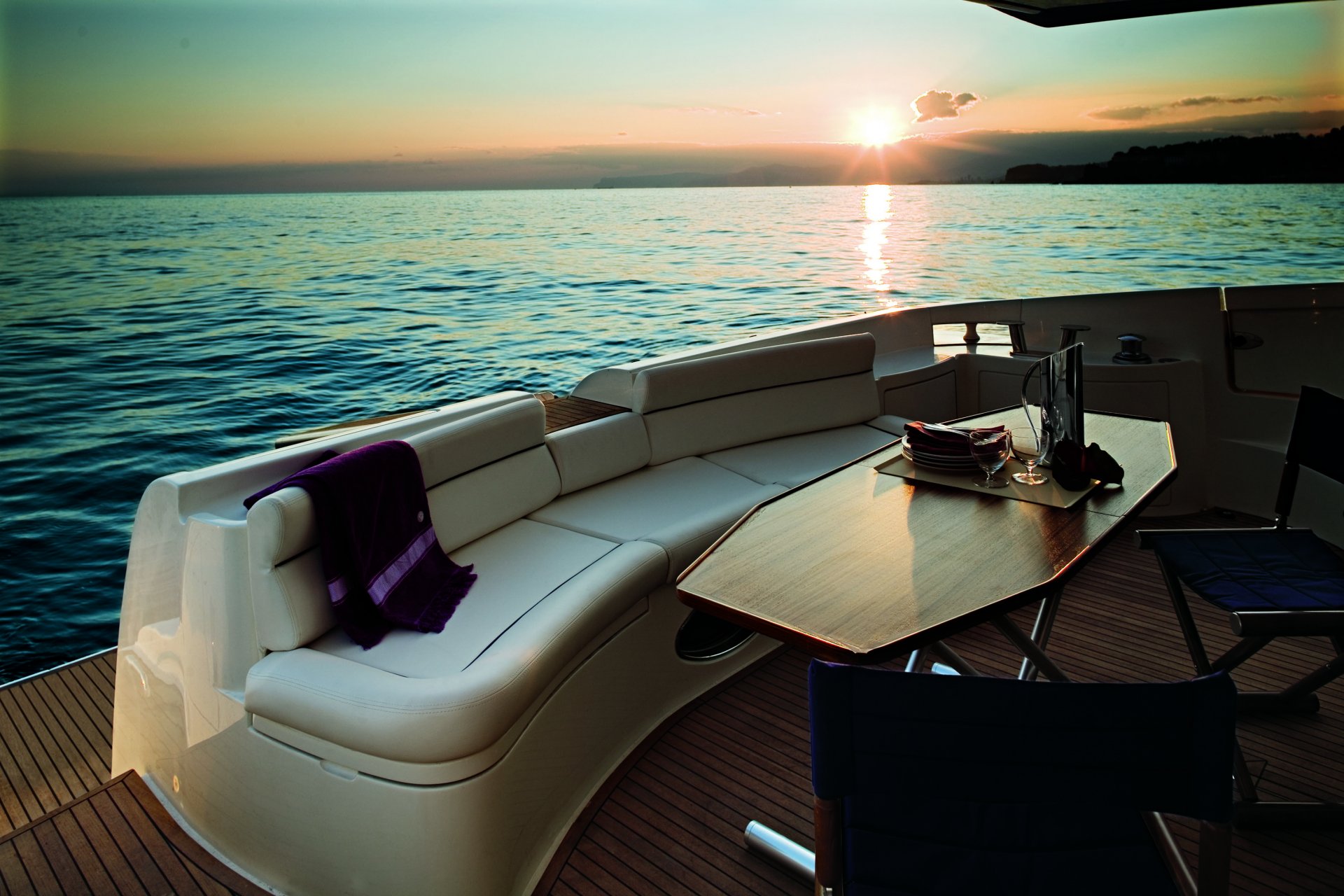night sunset sea yacht table glasses sports travel mood