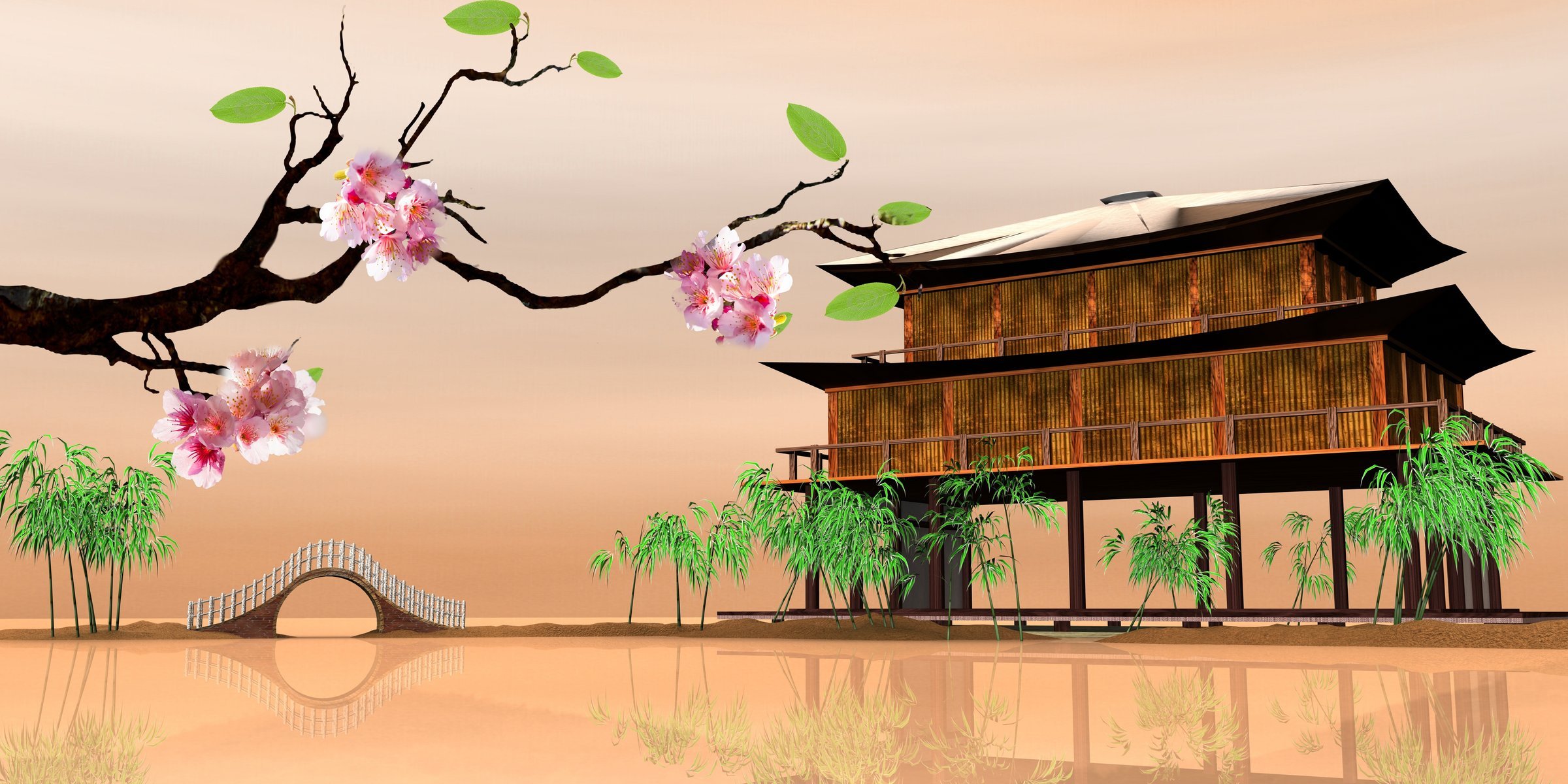 HD wallpaper oriental scenery sakura house on the water eastern