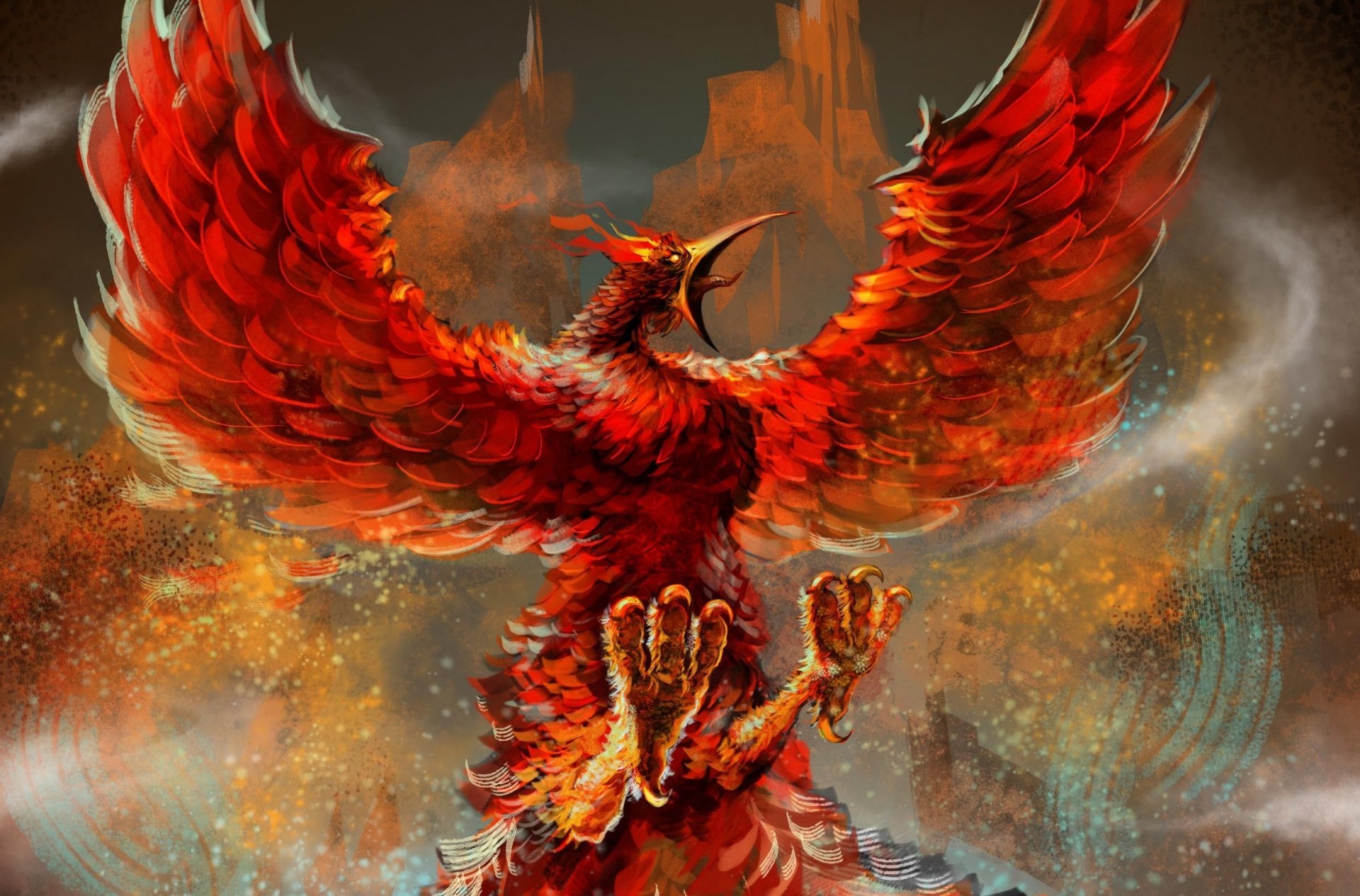 HD wallpaper fiction art firebird phoenix beak. fire wings flame