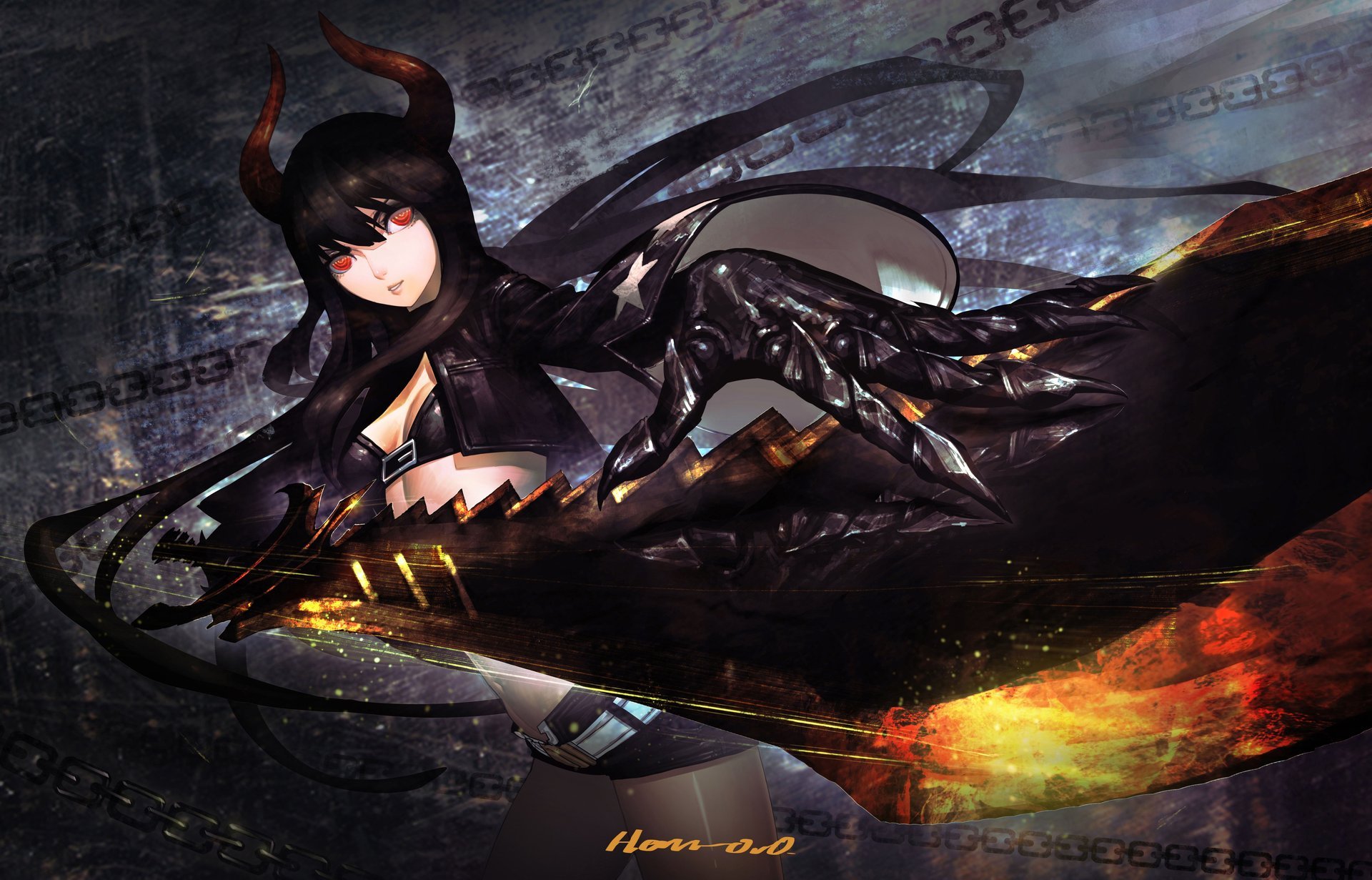 art anime black rock shooter black gold saw girl horn sword weapon chains