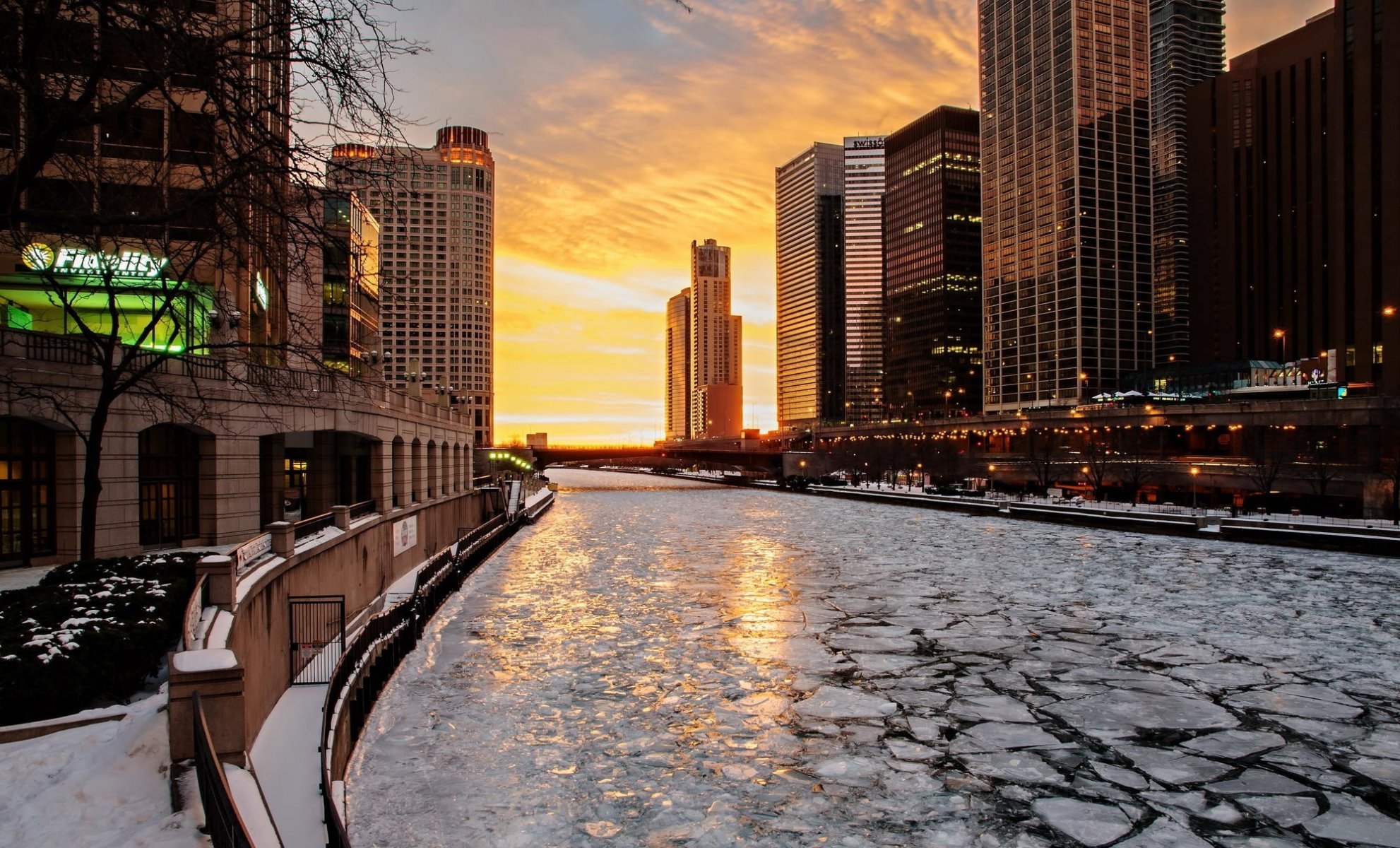 chicago america united states town skyscraper water next snow winter sunset