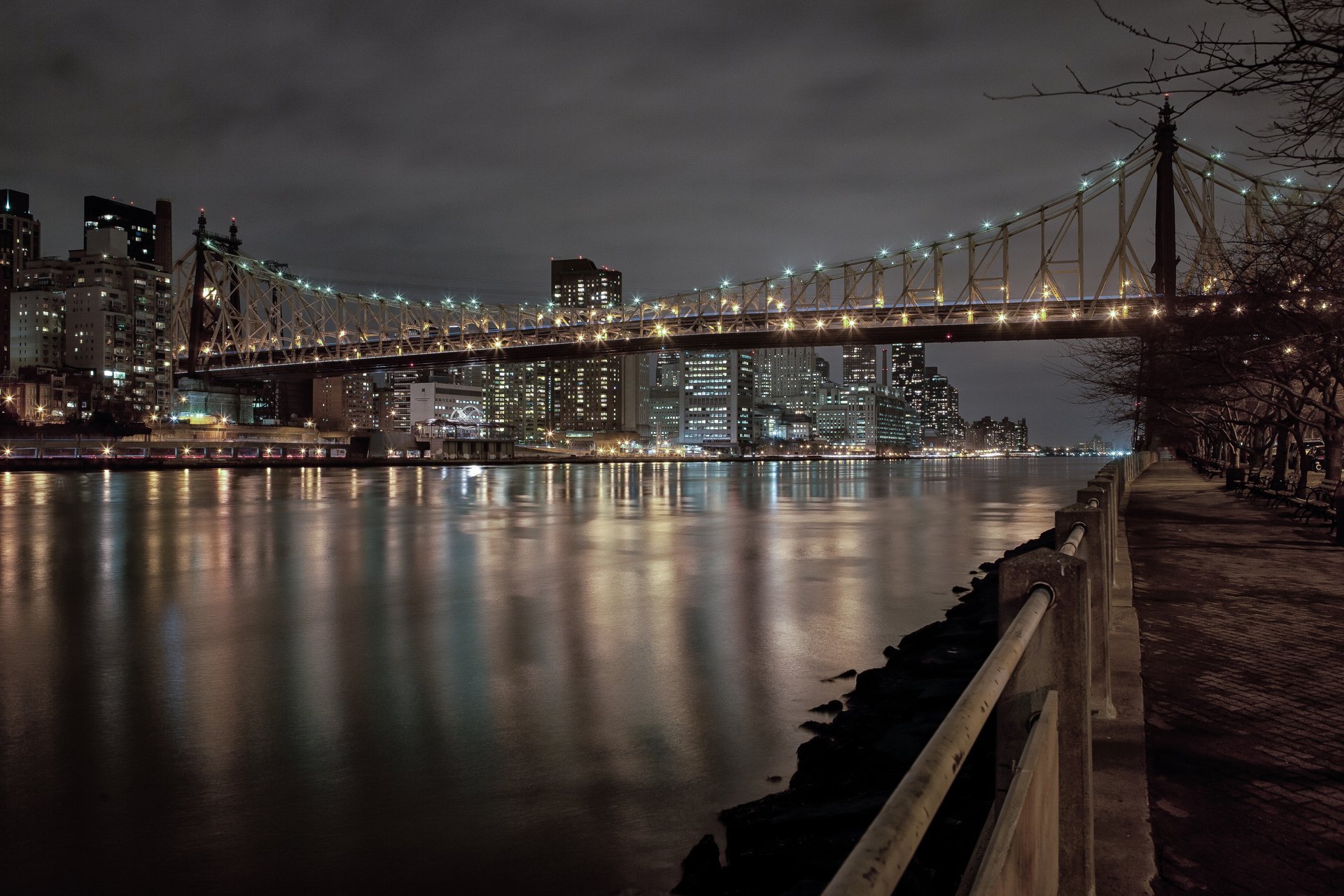 new york city roosevelt east river bridge city lights night buildings park benches new york town