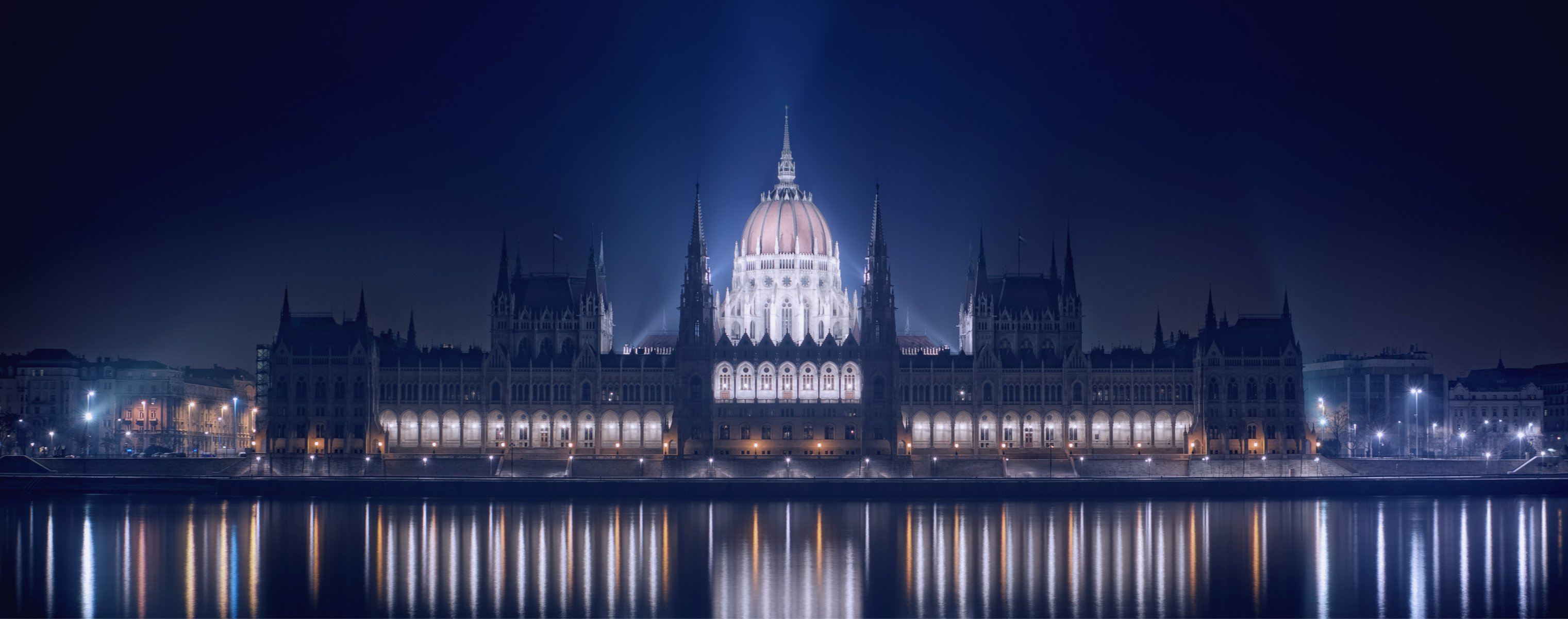 hungary budapest night building the parliament lights light embankment river danube reflection