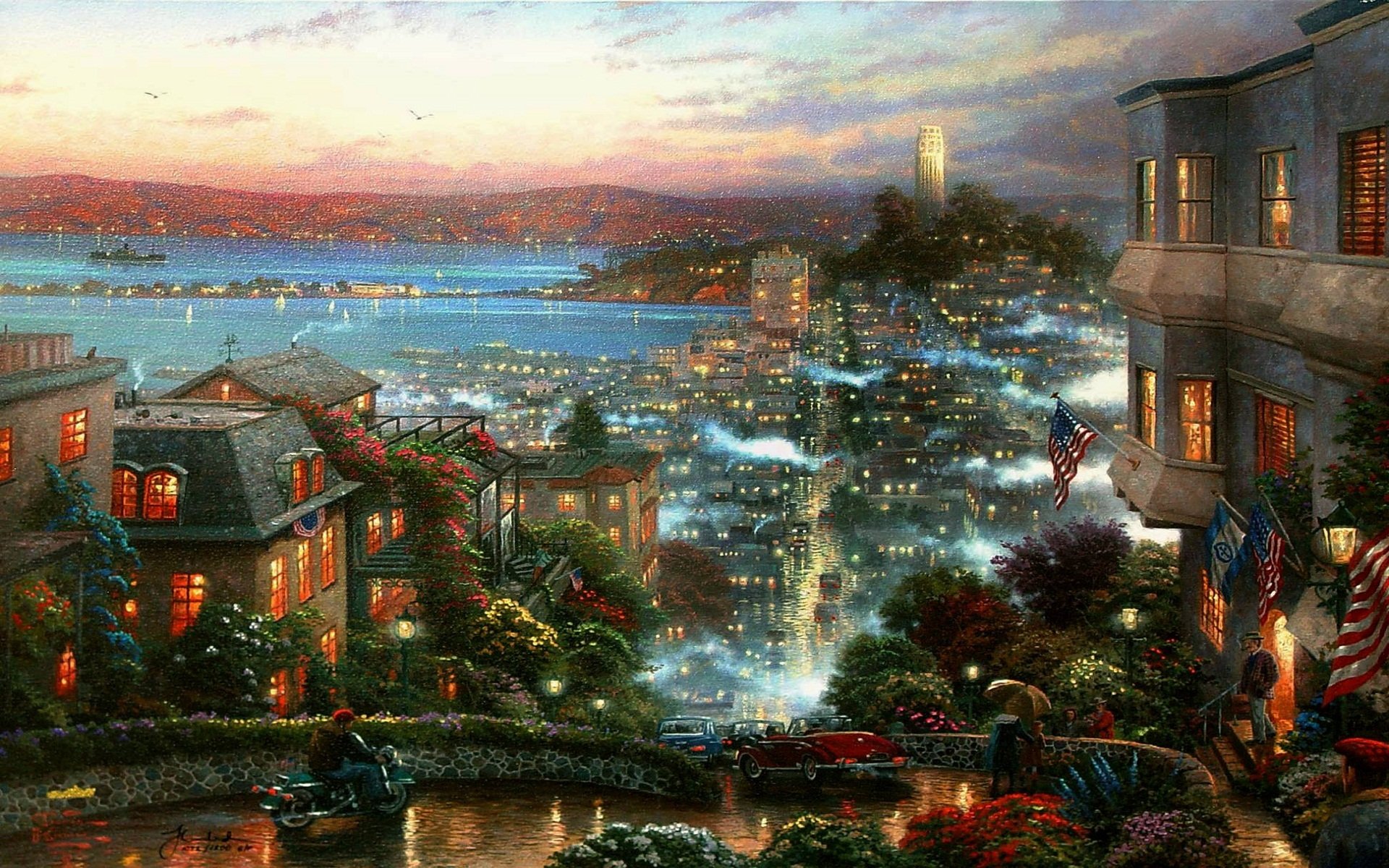 HD Wallpaper Thomas Kinkade Town Fog Road