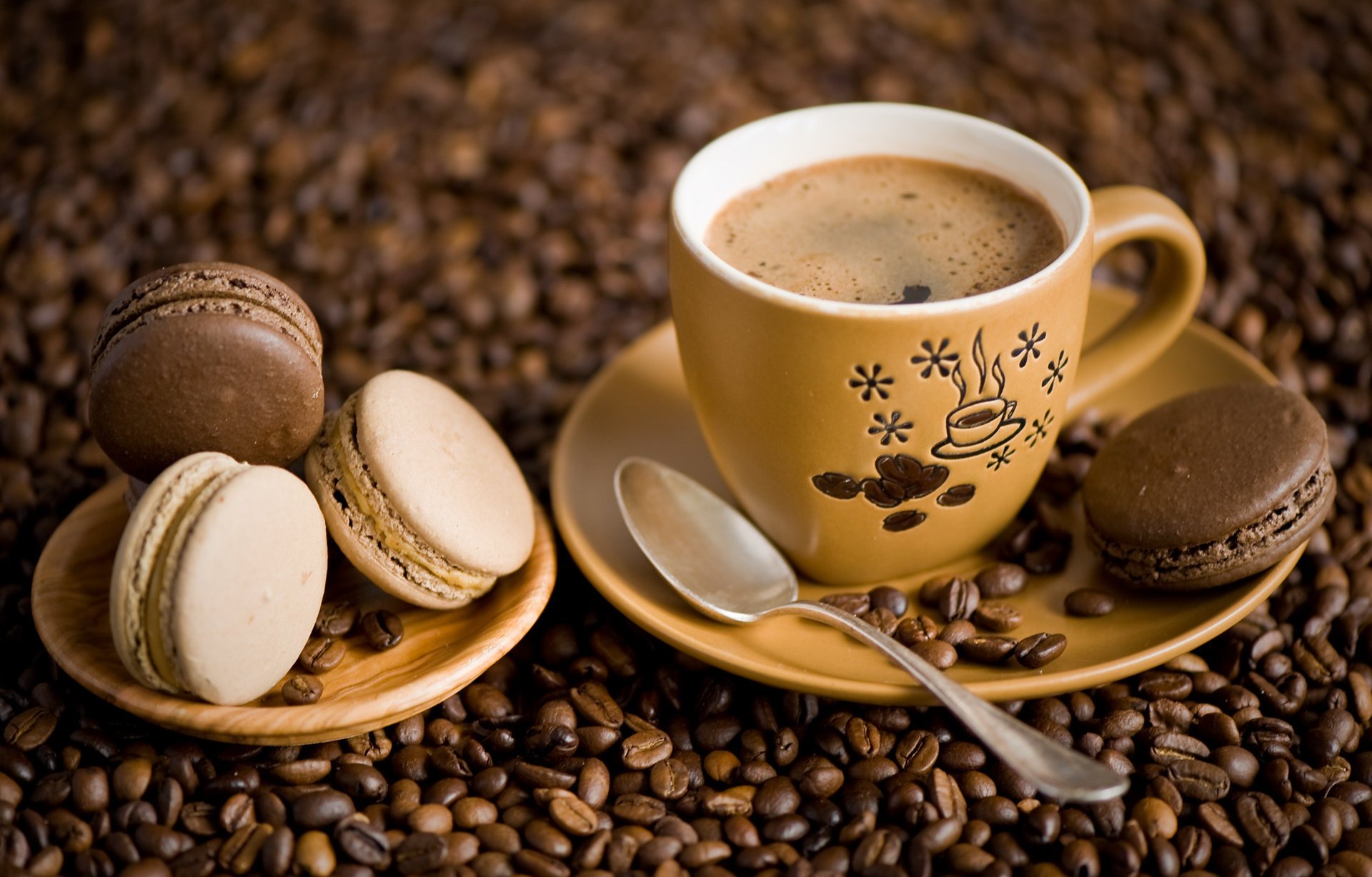 Coffee beans with macaroons on a saucer