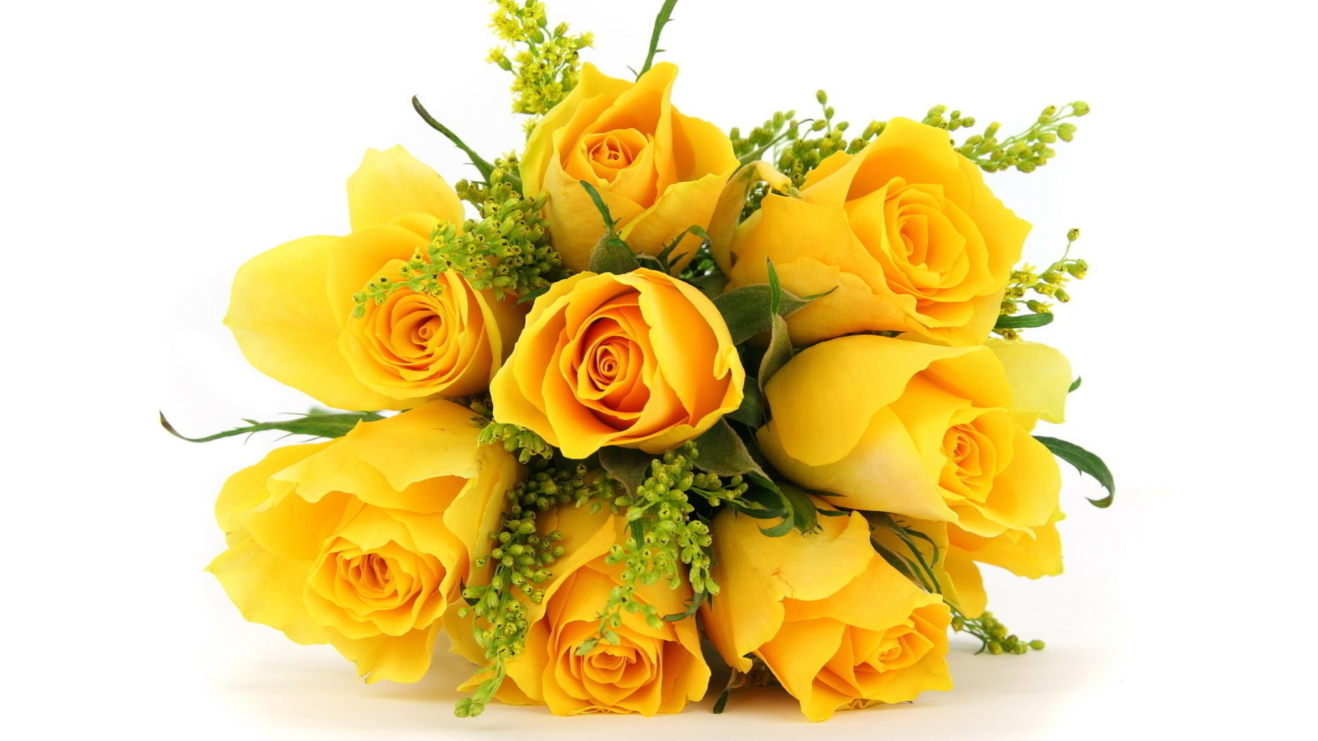 Beautiful bouquet of yellow roses and ornamental plants
