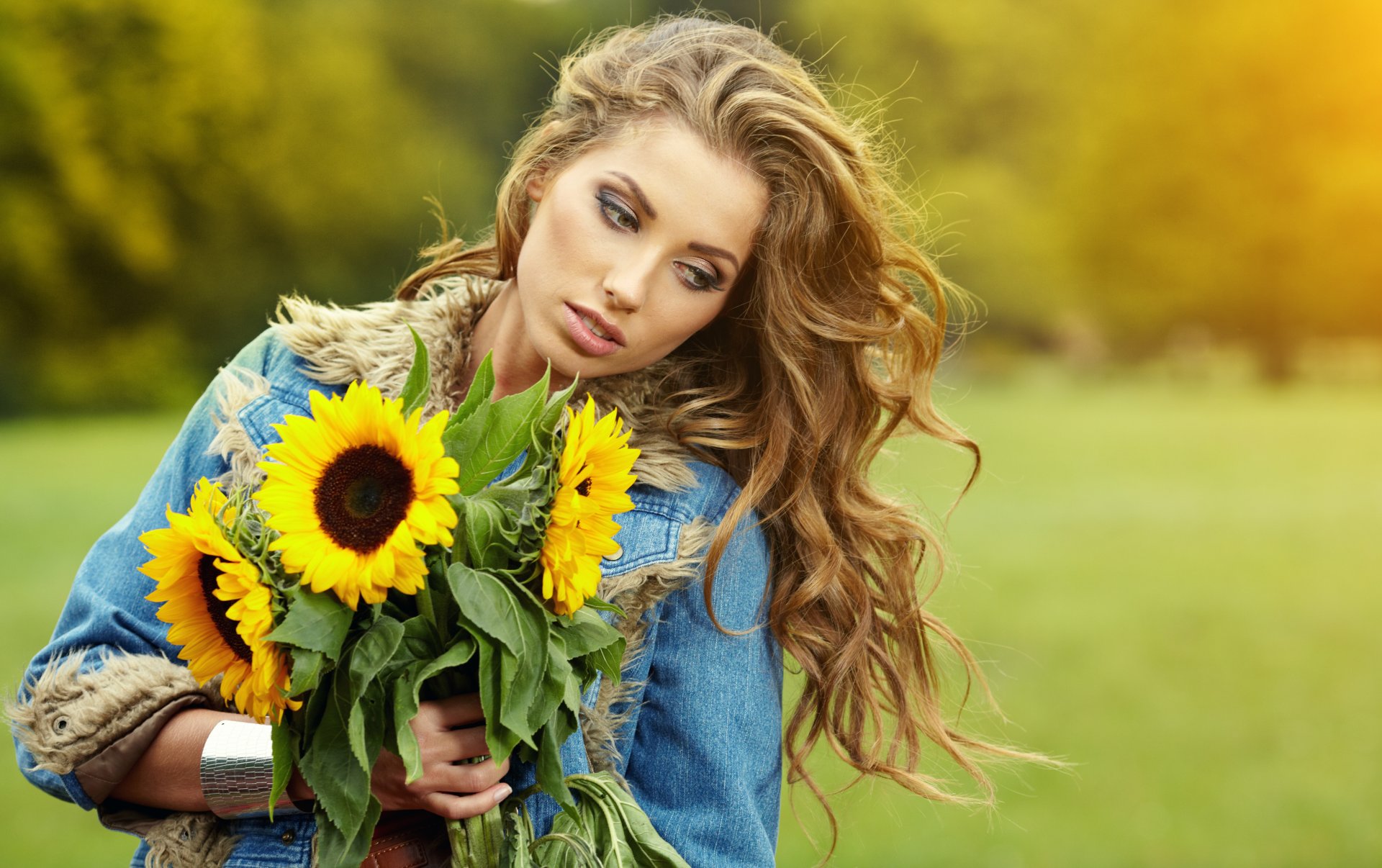 girl sunflowers brown hair locks flower autumn eyes face lips hair hands