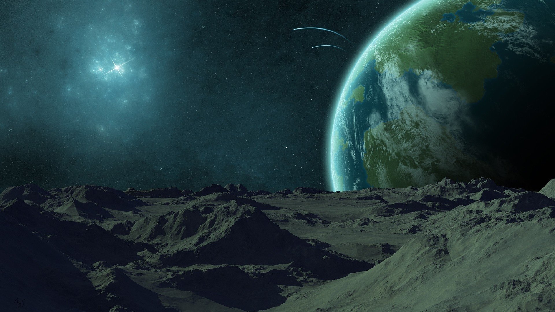 A large planet with grey mountains in the foreground
