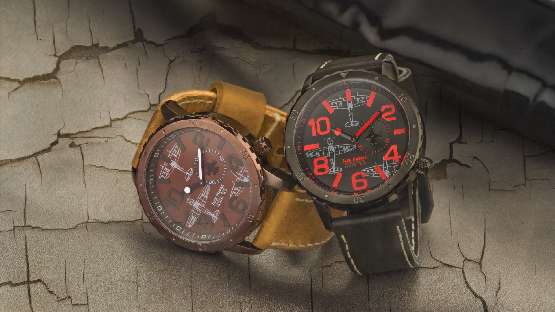 Two wristwatches are depicted on a beige background