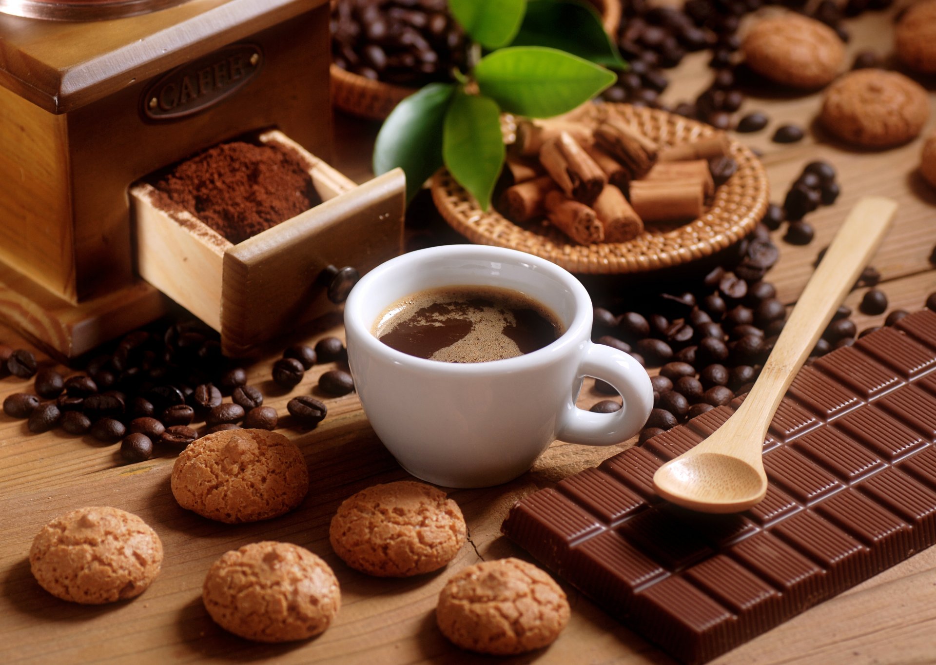 HD wallpaper coffee cookies chocolate dairy tile grain cup spoon leaves