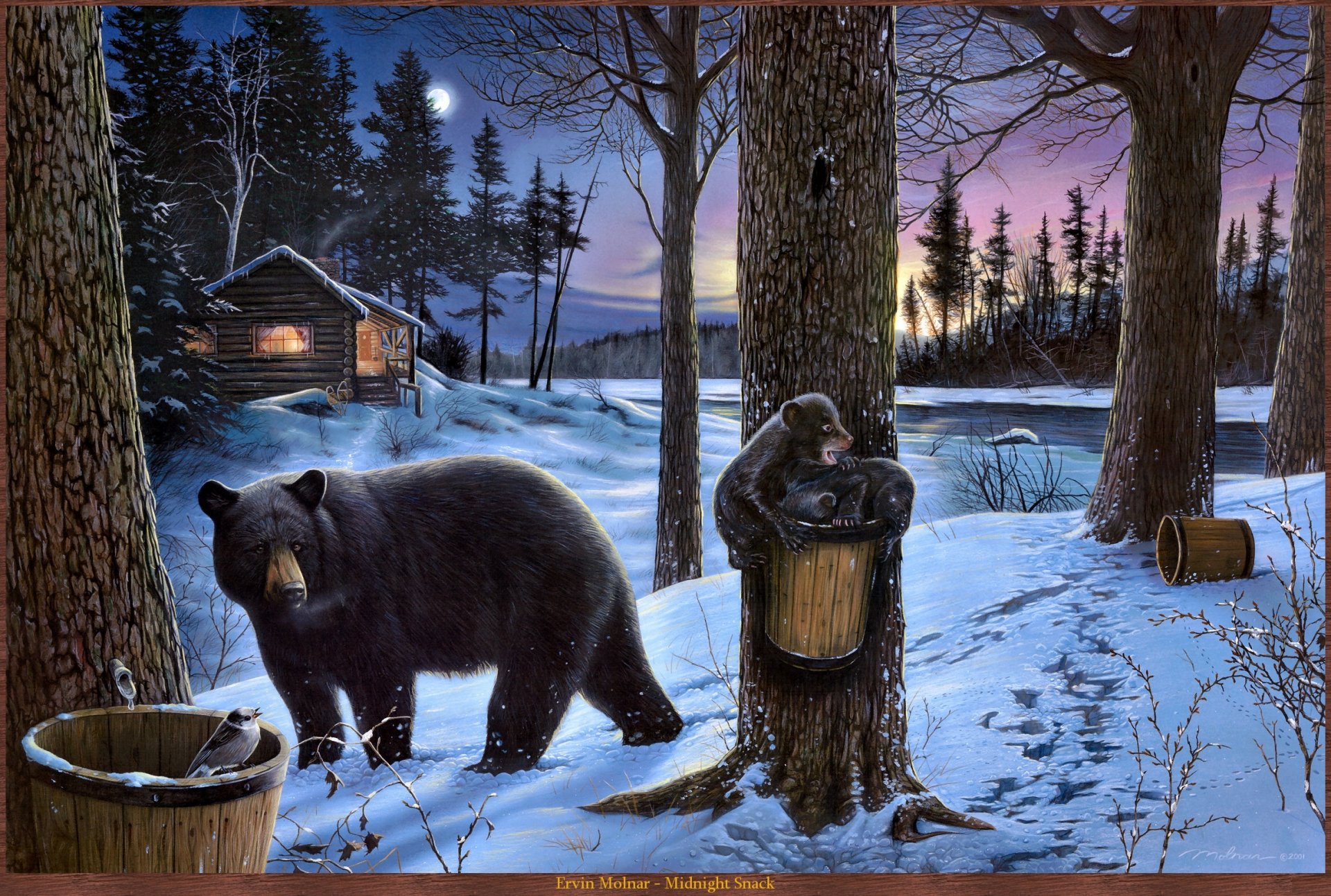 HD wallpaper pattern bear bears nature forest river moon winter hut