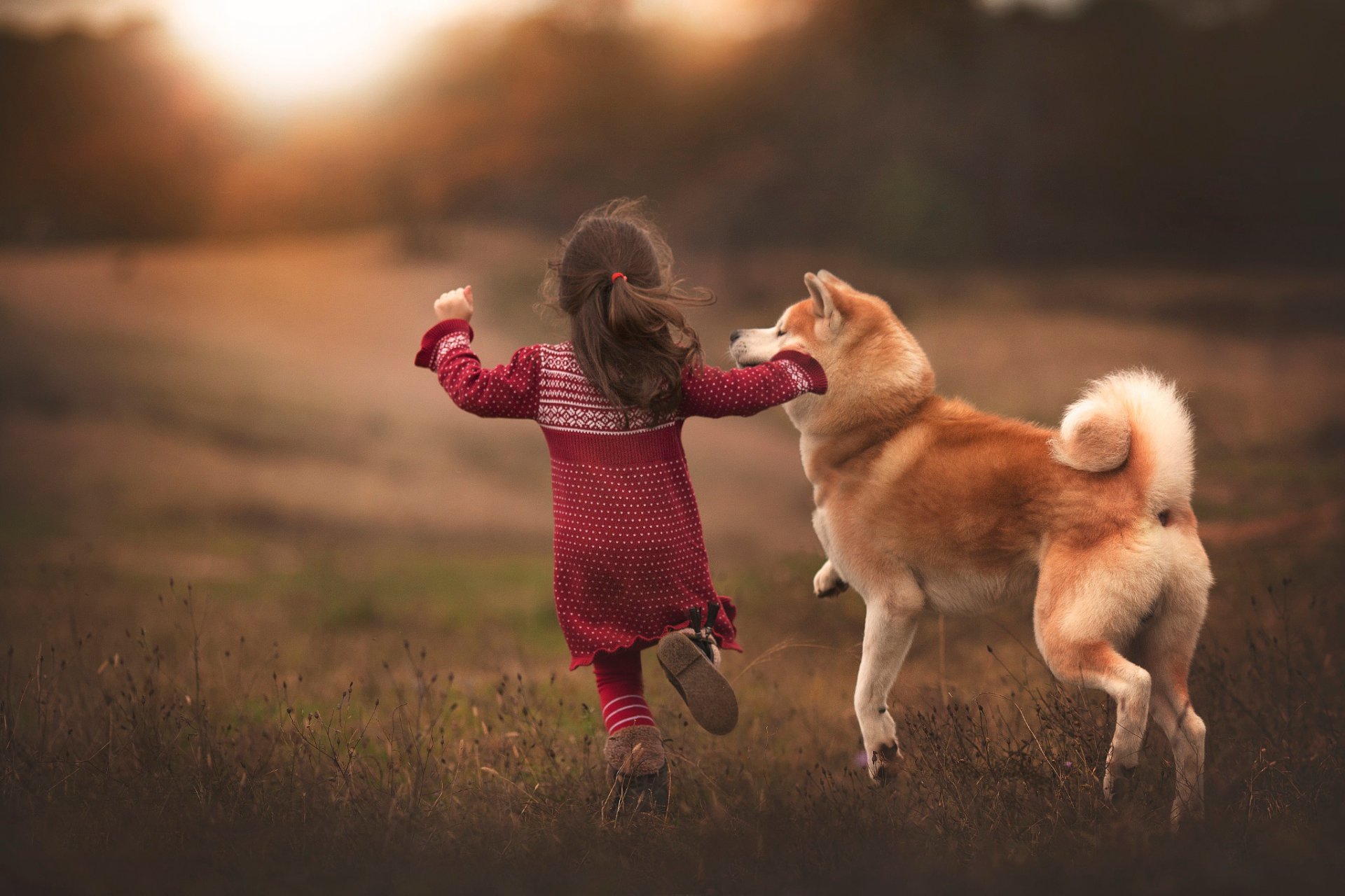 girl dog running happiness friends
