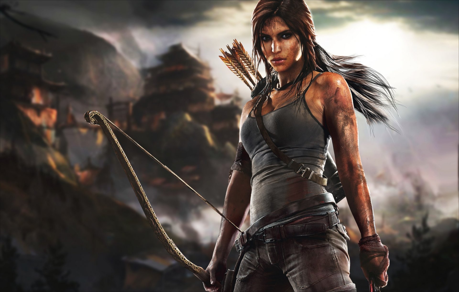 tomb raider lara croft crystal dynamics square enix reborn lara croft tomb raider torment survival girl breasts dirt clouds .