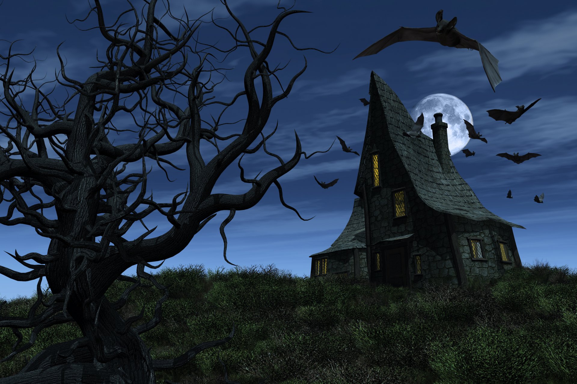 Free Wallpapers halloween scary haunted house bats full moon creepy