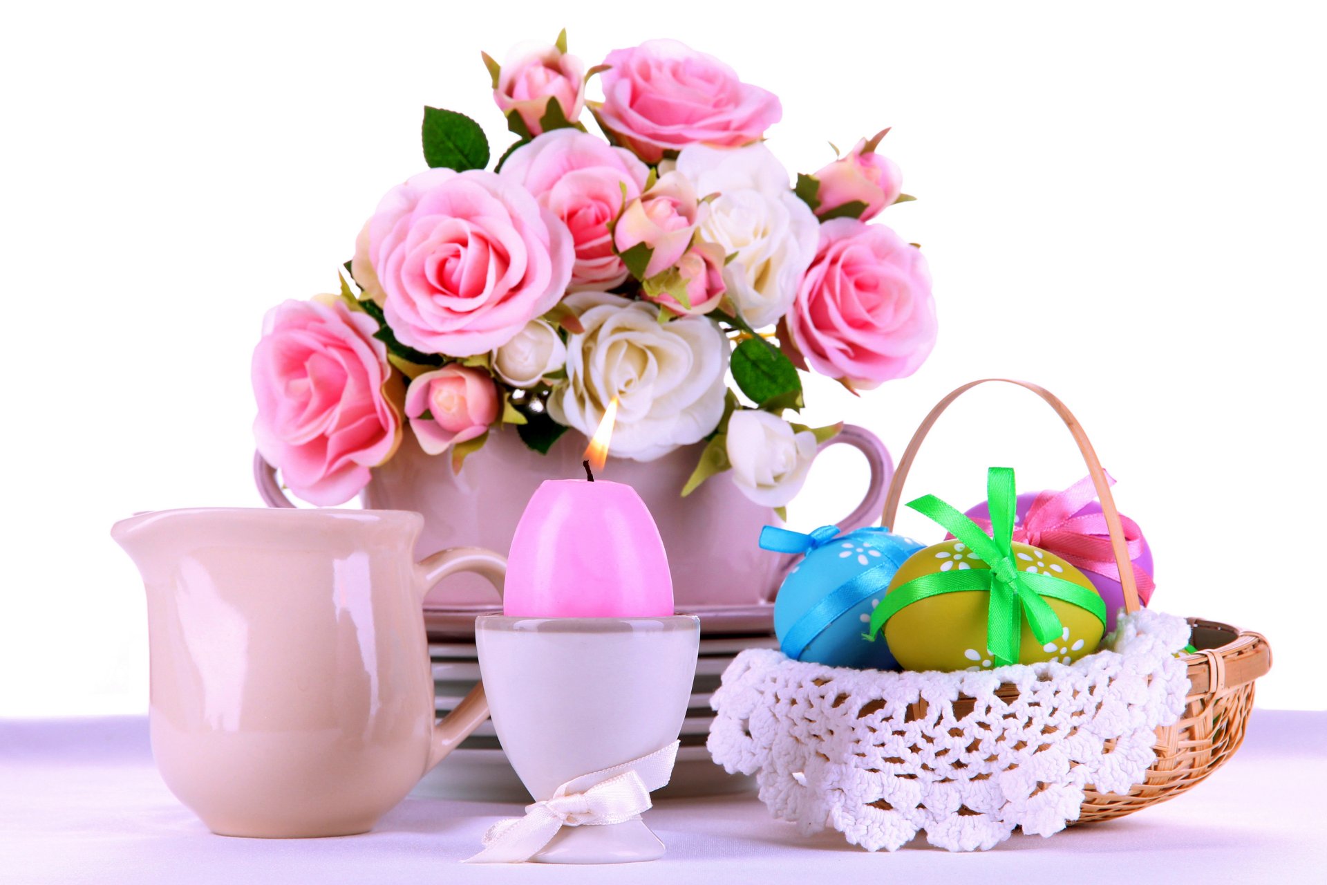 easter eggs roses flowers candle pink serving