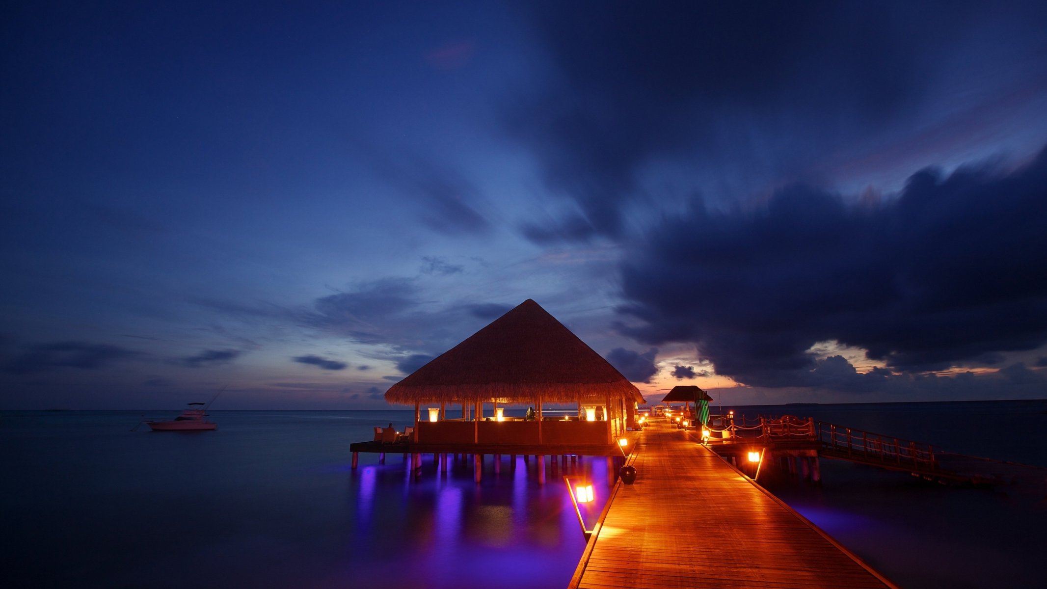 HD wallpaper night lights maldives tropical beach bungalow ocean sea ...